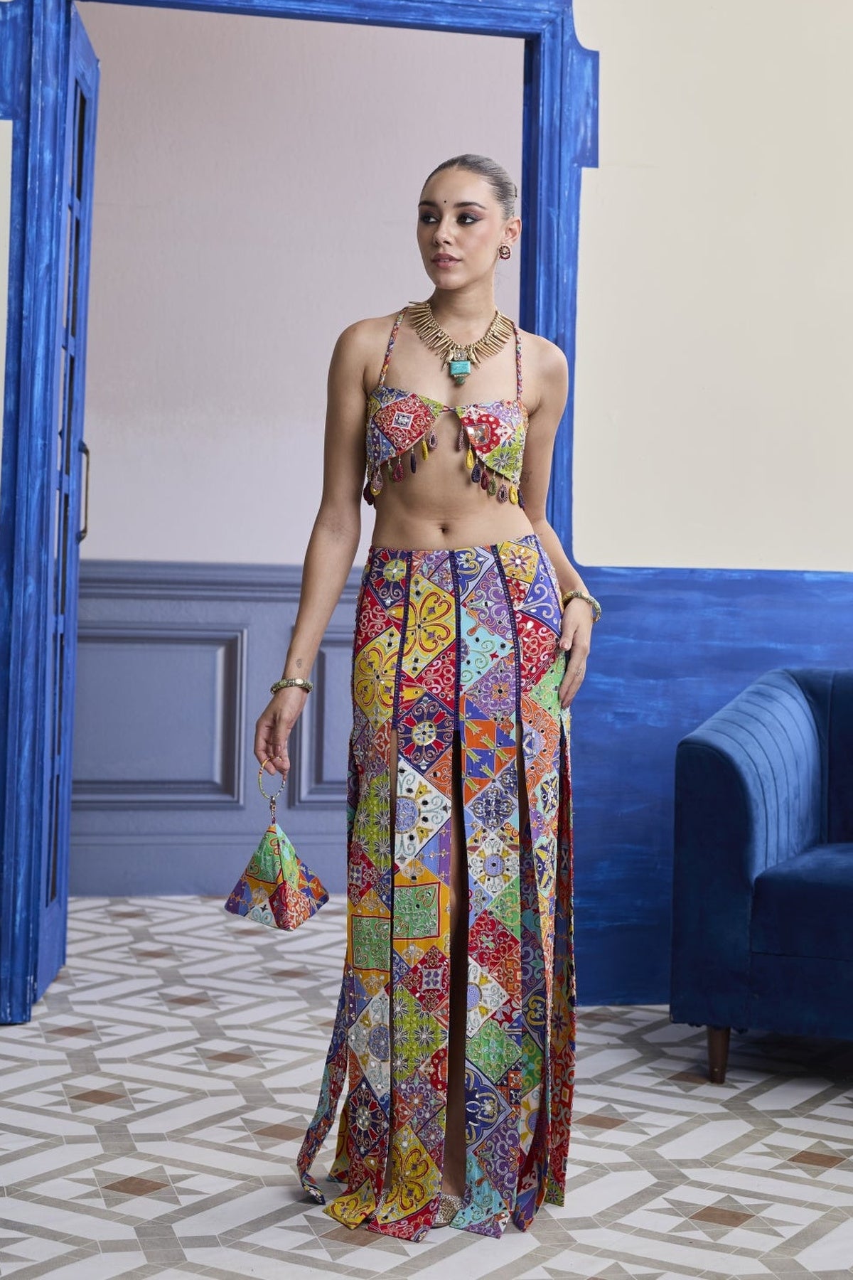 Multicolour Mosaic Crop Blouse With Mirror Tassels & Panelled Skirt Set