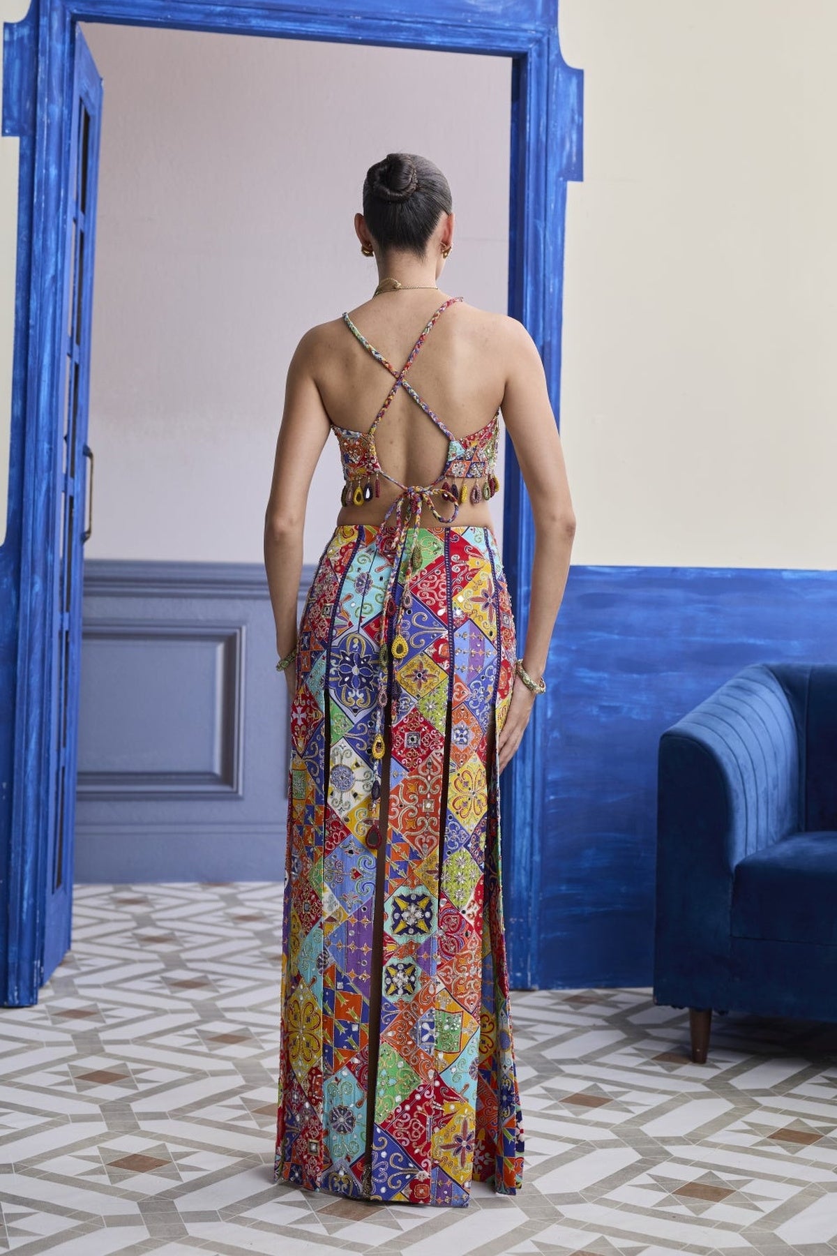 Multicolour Mosaic Crop Blouse With Mirror Tassels & Panelled Skirt Set