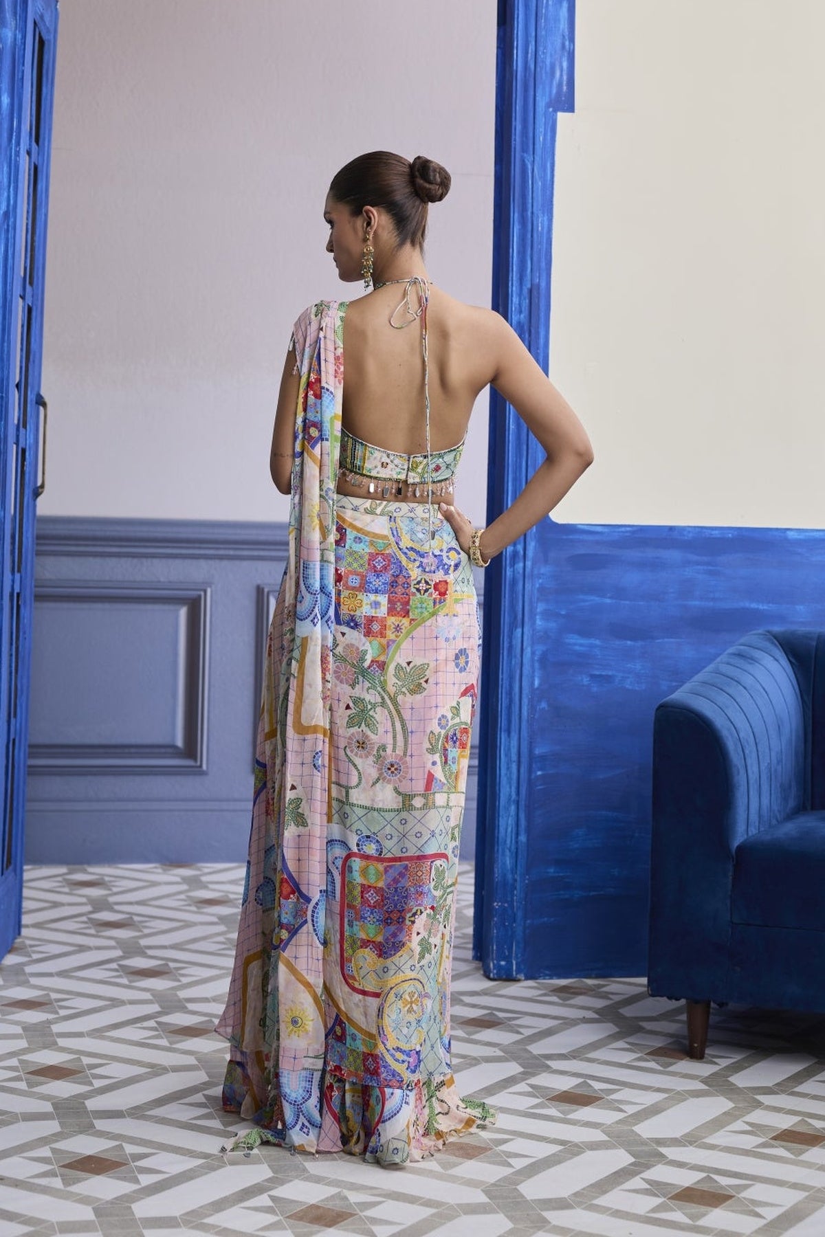 Blush Pink Mosaic Halter Blouse With Draped Cowl Skirt Saree Set