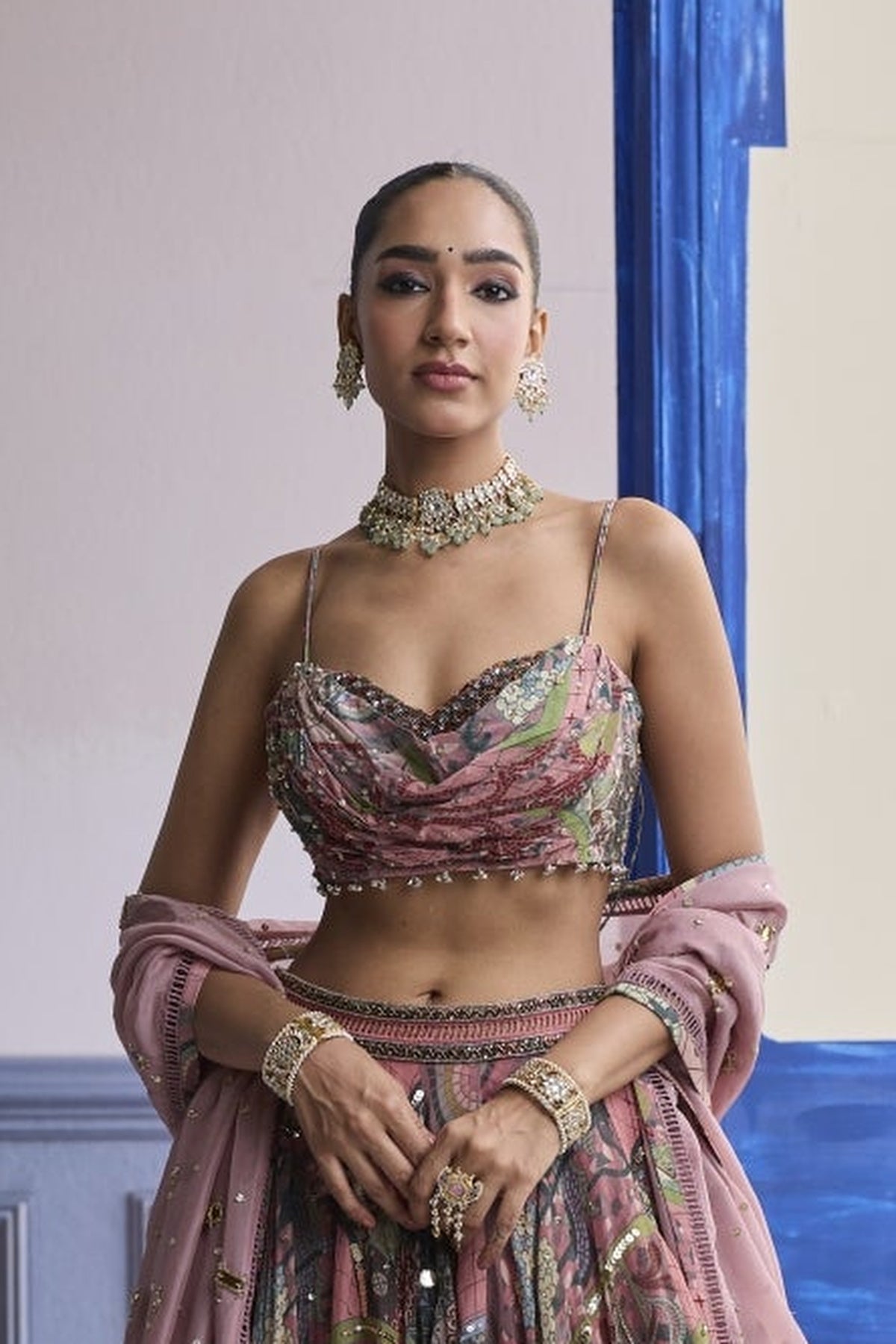 Dusk Pink Highlighted Blouse With Lehenga & Embroidered Dupatta Set