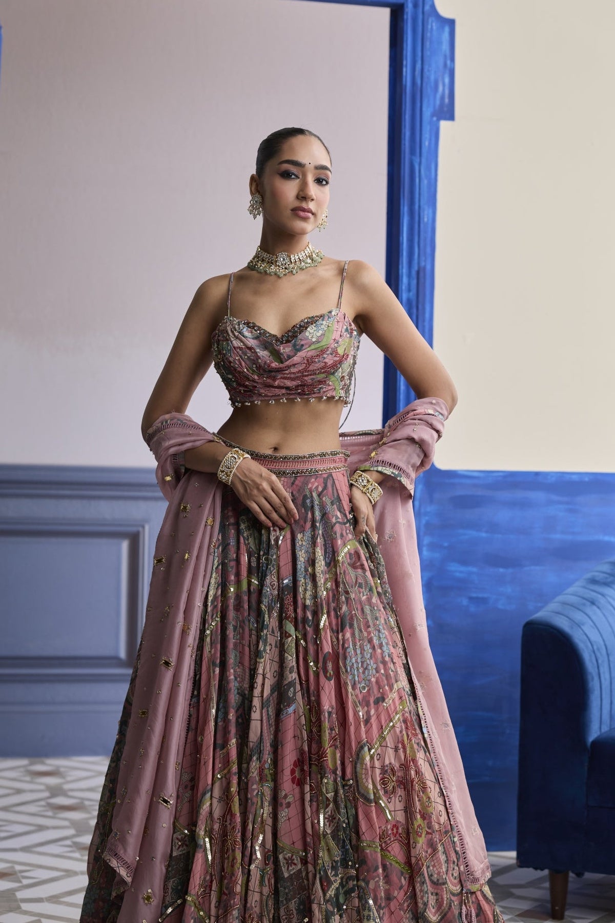 Dusk Pink Highlighted Blouse With Lehenga & Embroidered Dupatta Set