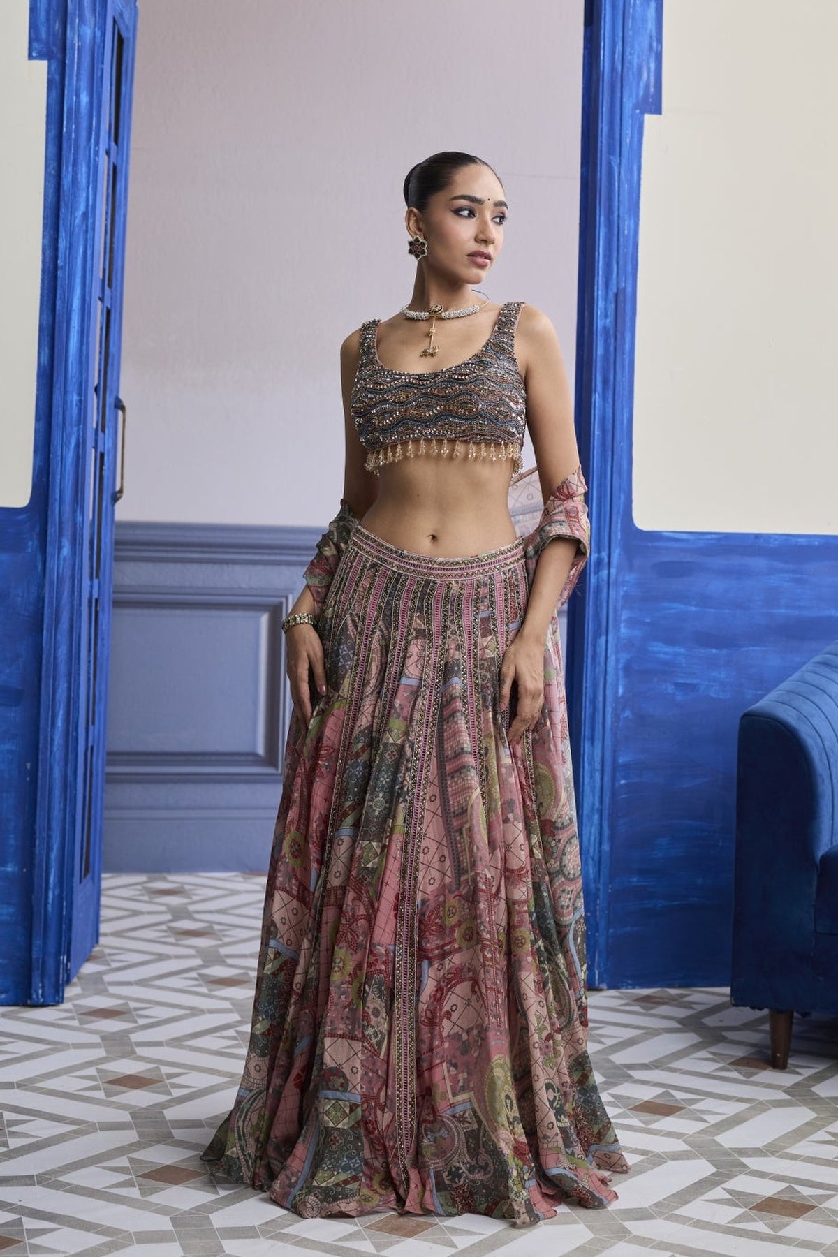 Dusk Pink Embroidered Blouse With Lace Lehenga & Tassel Dupatta Set
