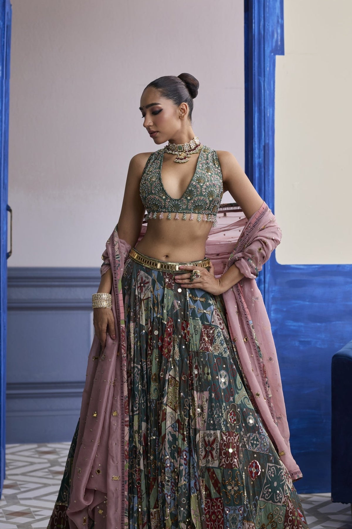Forest Green Butta Blouse With Highlighted Lehenga & Embroidered Dupatta Set