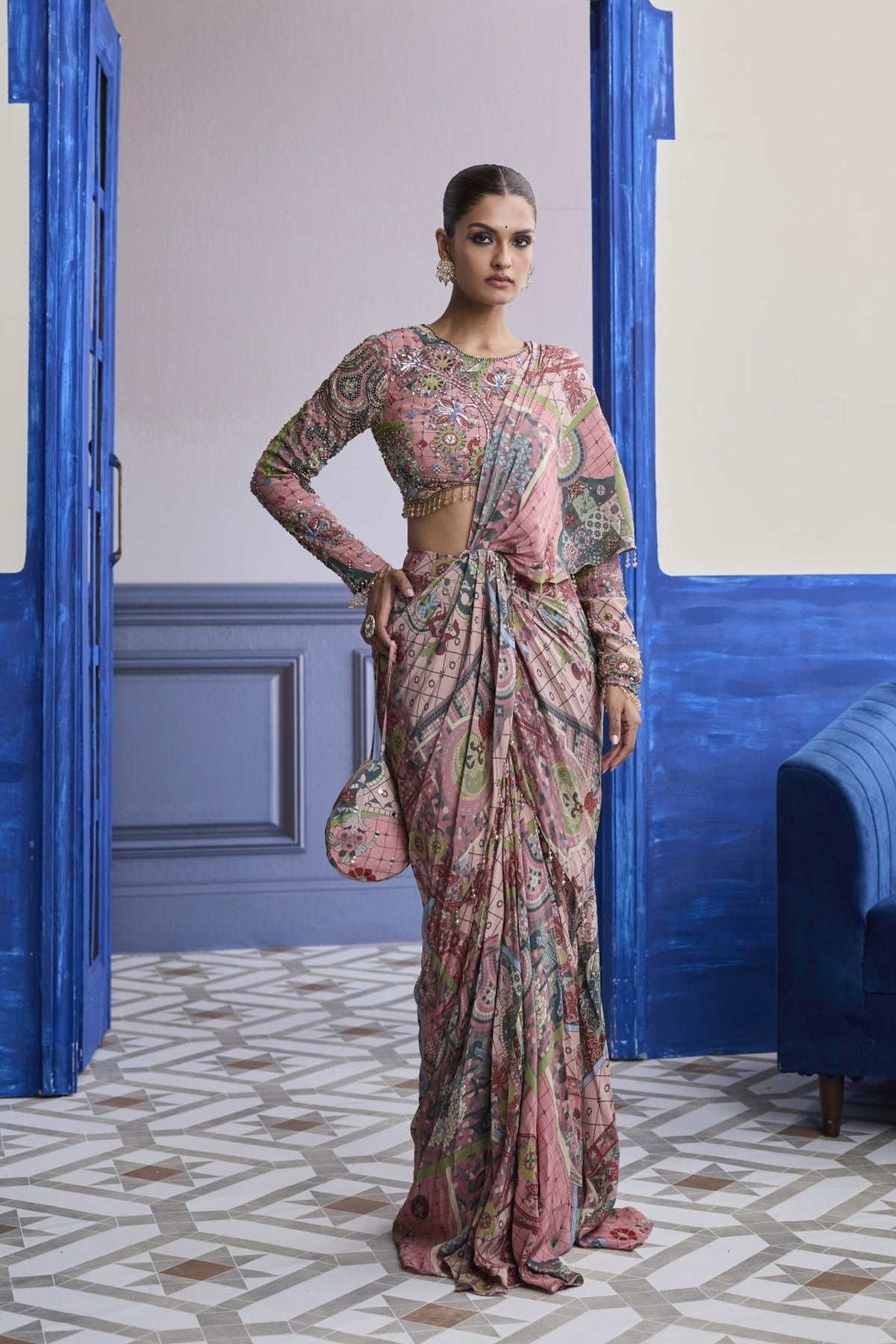 Dusk Pink Highlighted Blouse With Coordinated Printed Dhoti Saree Set