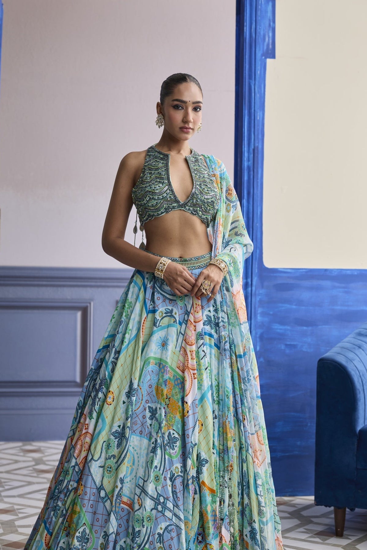 Aqua Blue Embroidered Blouse With Printed Lehenga & Tassel Dupatta Set