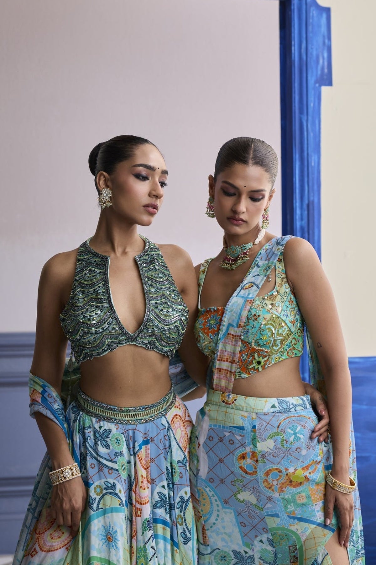 Aqua Blue Embroidered Blouse With Printed Lehenga & Tassel Dupatta Set