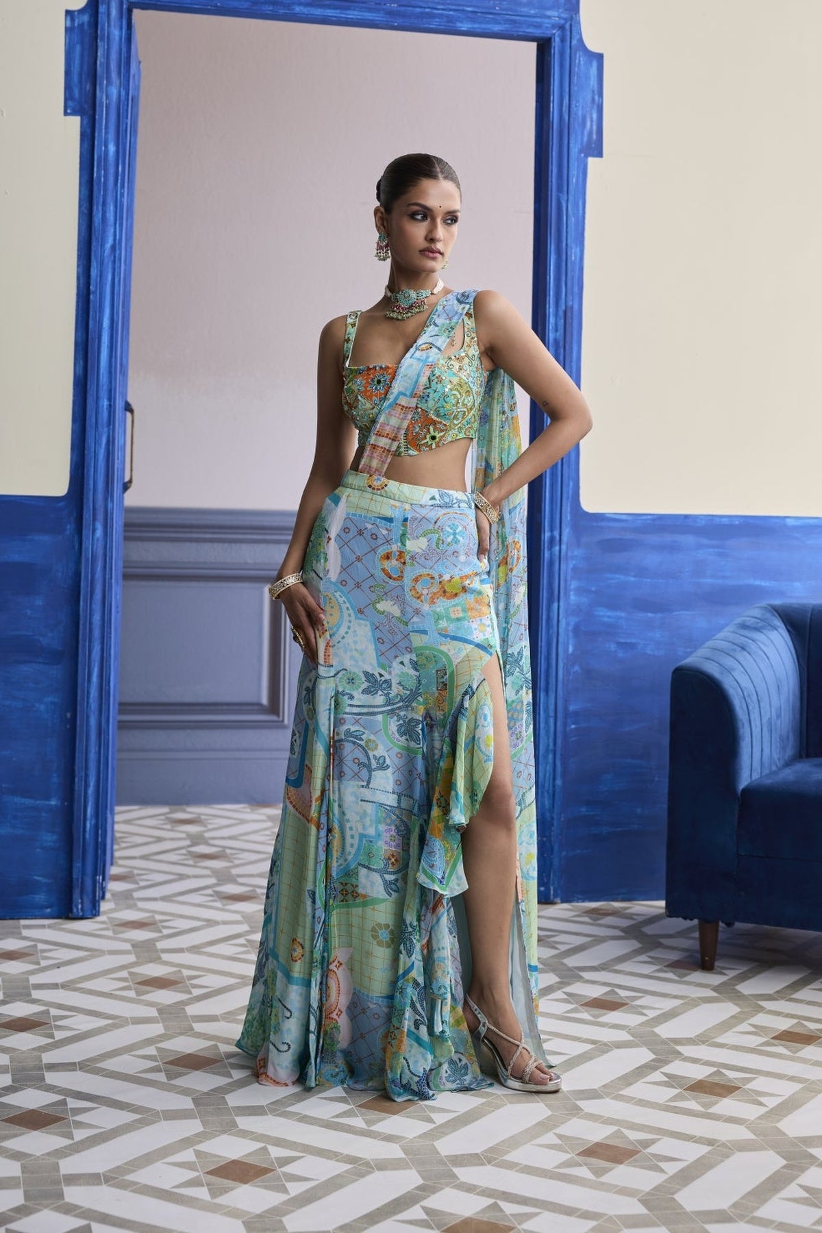 Aqua Blue Mosaic Blouse With Ruffle Slit Skirt Saree Set