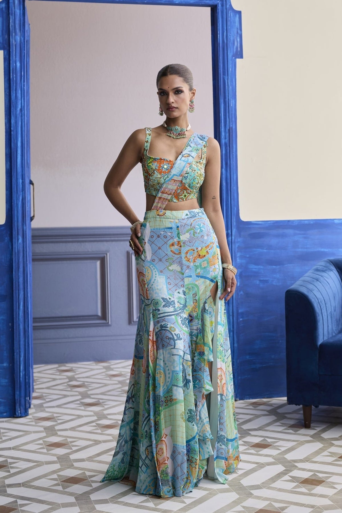 Aqua Blue Mosaic Blouse With Ruffle Slit Skirt Saree Set
