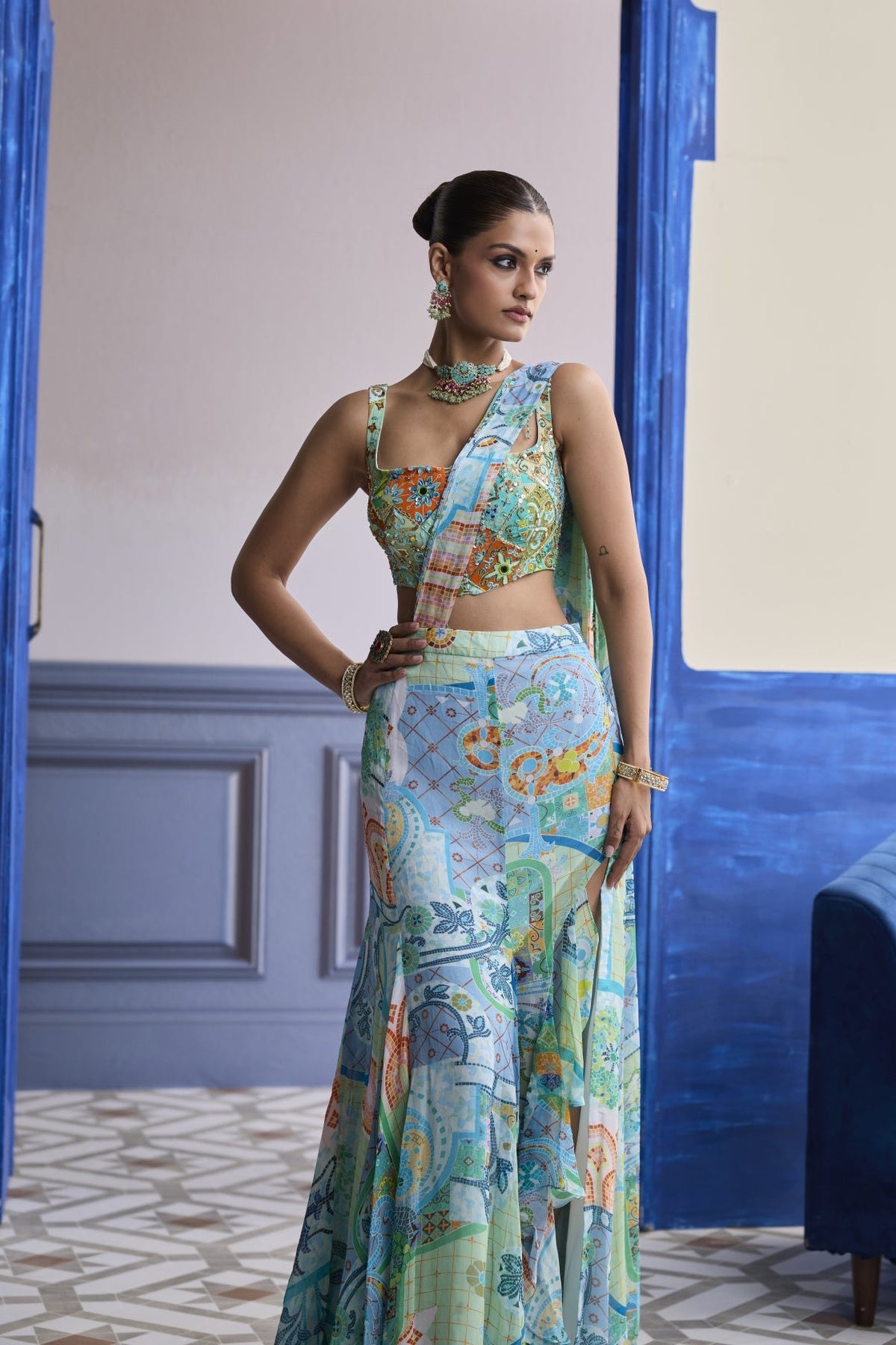 Aqua Blue Mosaic Blouse With Ruffle Slit Skirt Saree Set