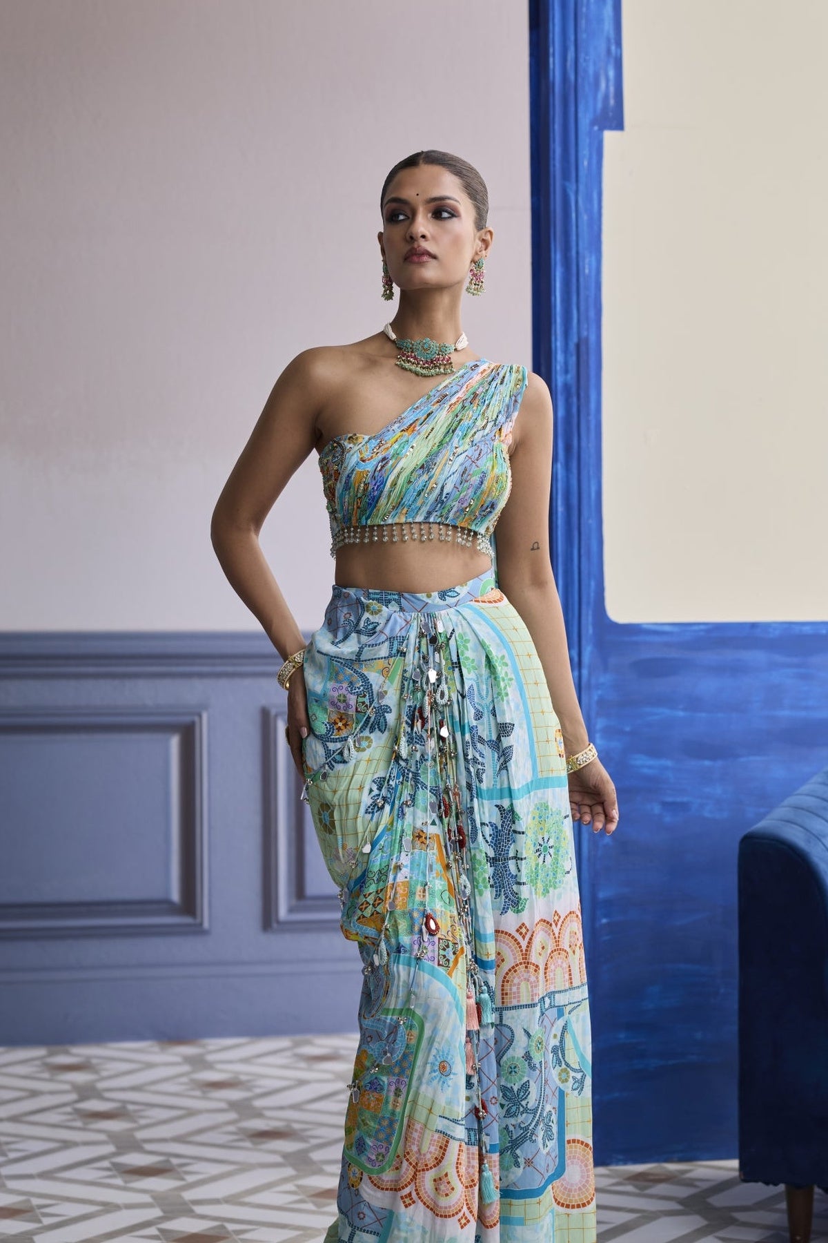 Aqua Blue Mosaic One-Shoulder Blouse With Cowl Dhoti Skirt Set