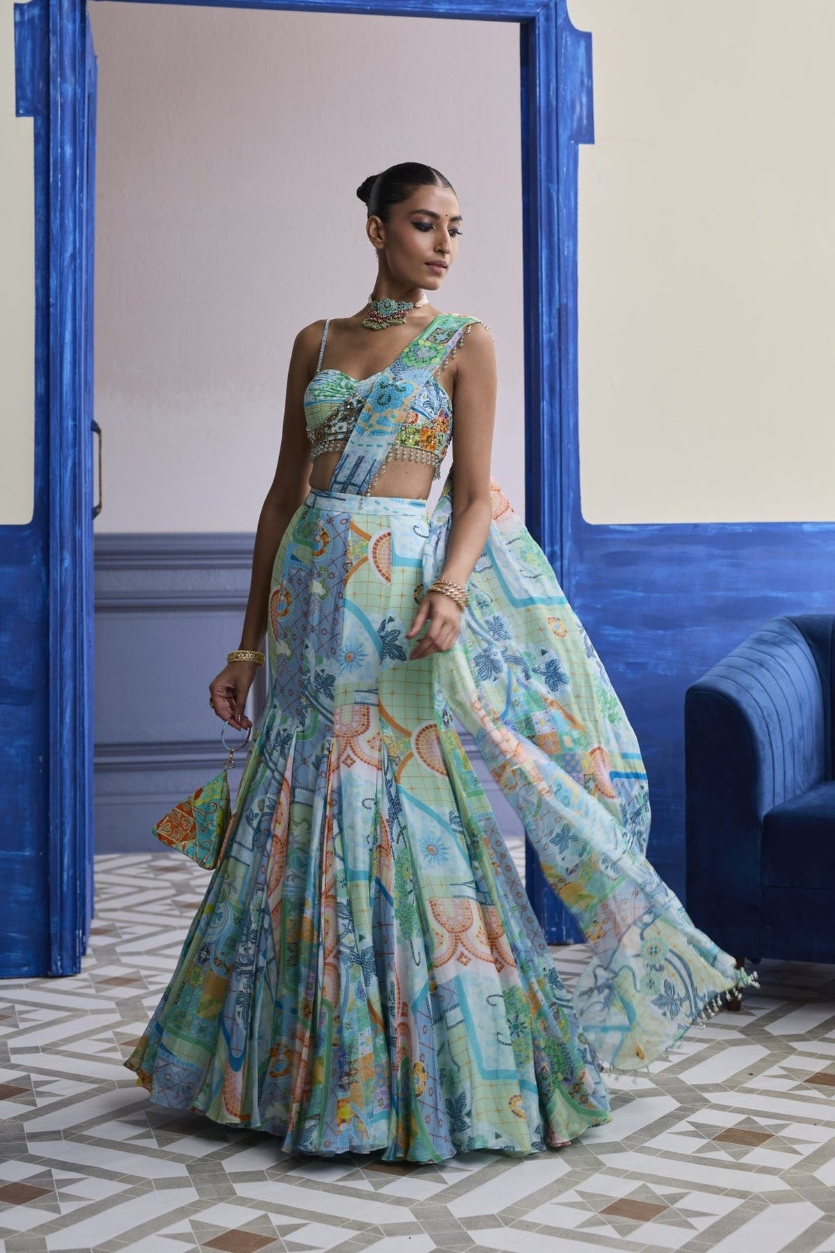 Aqua Blue Mosaic Ruched Blouse With Draped Mermaid Saree Set