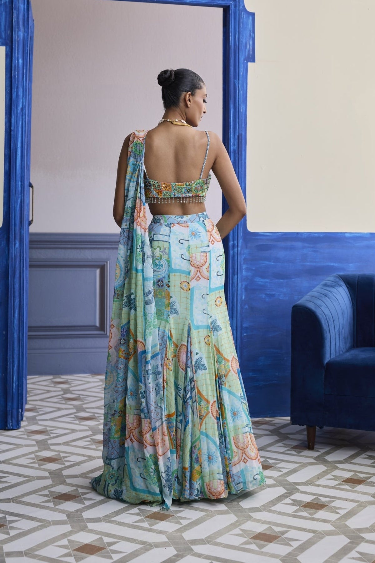 Aqua Blue Mosaic Ruched Blouse With Draped Mermaid Saree Set