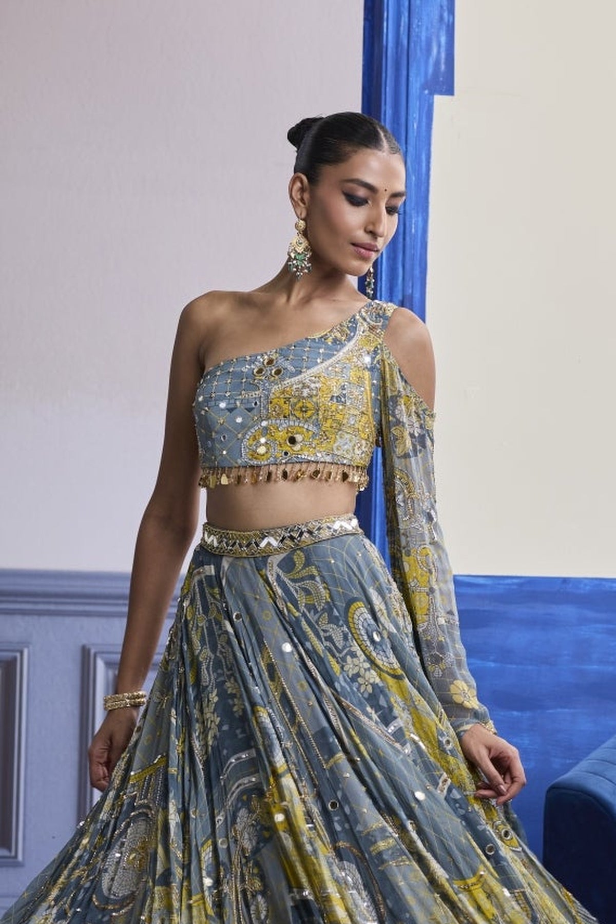 Grey Mosaic One-Shoulder Blouse With Flared Sleeves & Lehenga Set