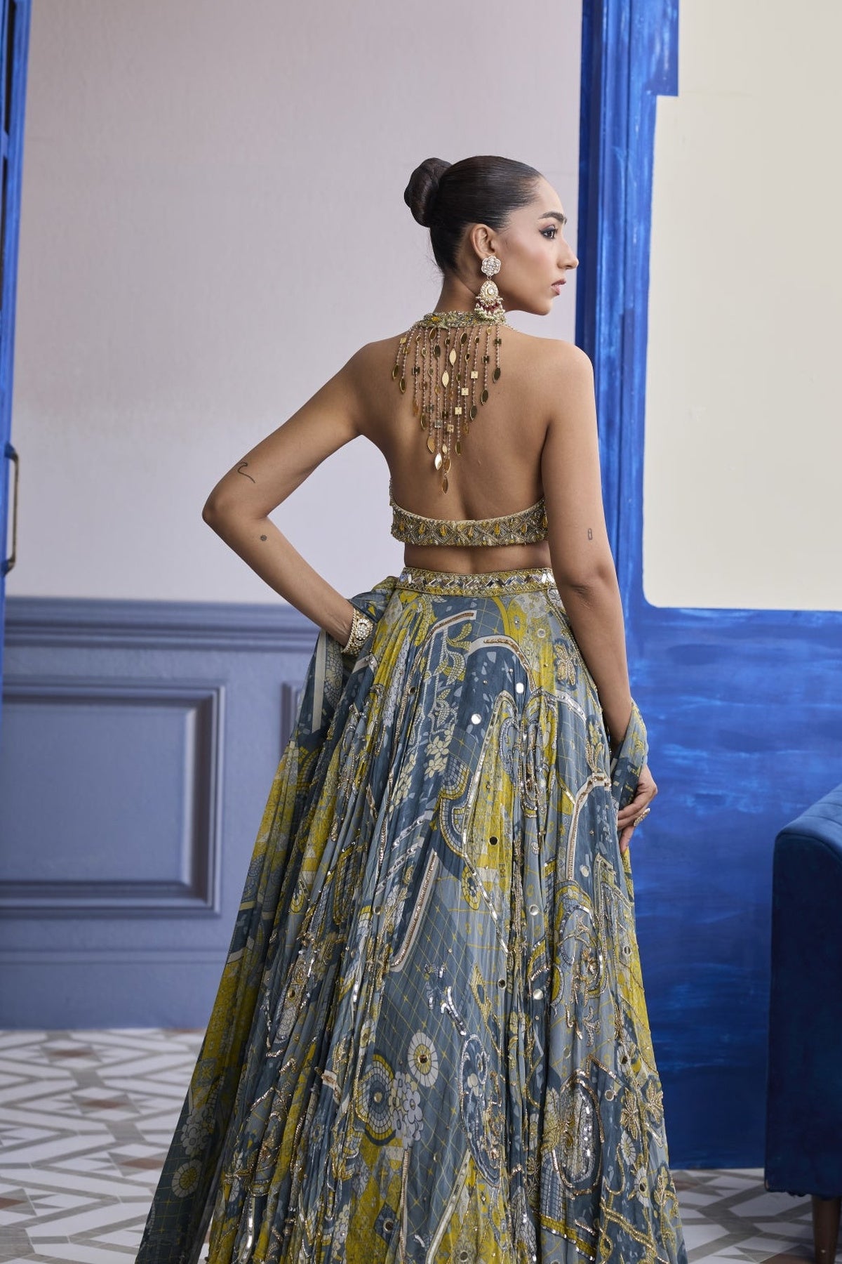 Grey & Yellow Embroidered Blouse With Highlighted Lehenga & Tassel Dupatta Set