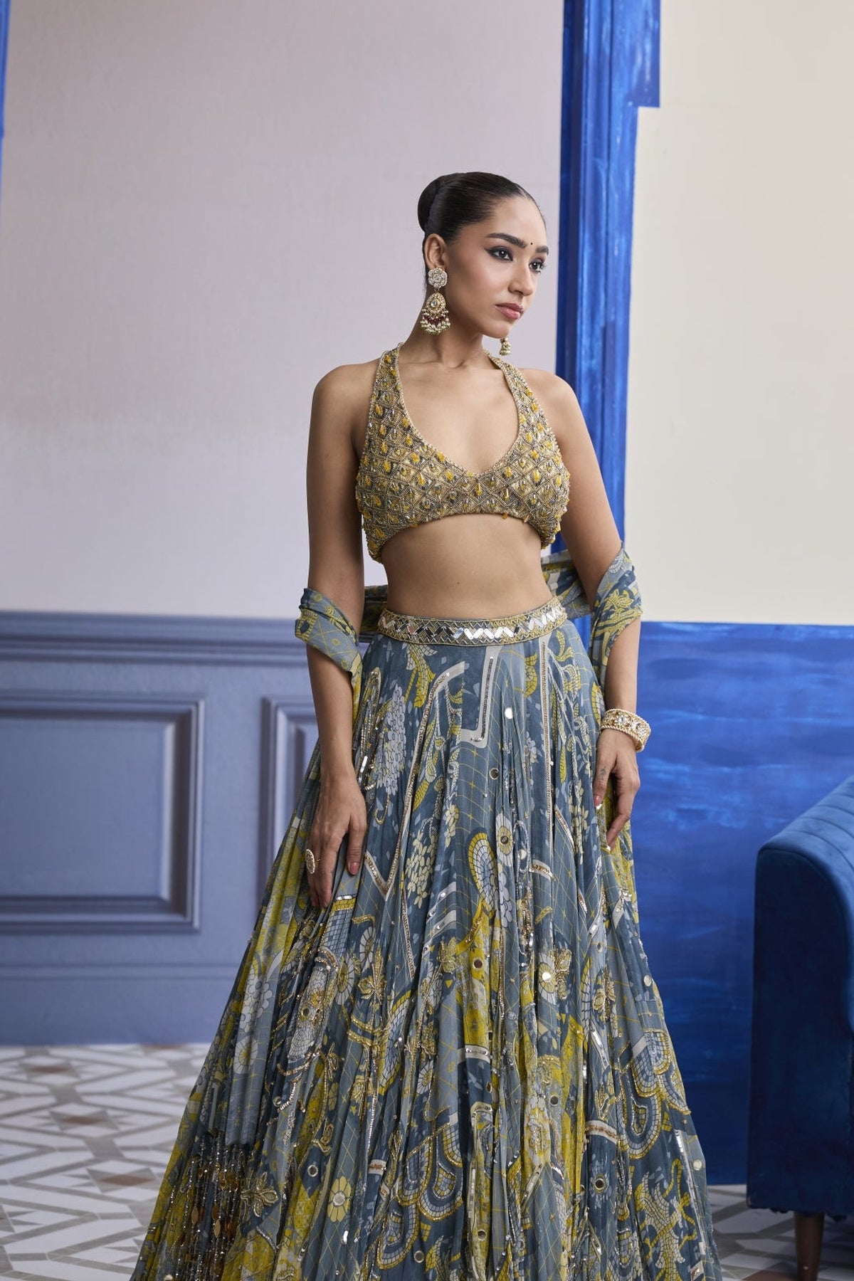 Grey & Yellow Embroidered Blouse With Highlighted Lehenga & Tassel Dupatta Set