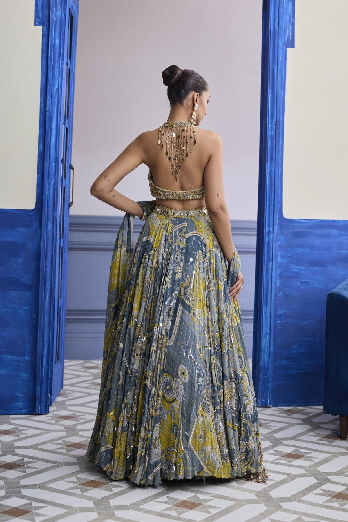 Grey & Yellow Embroidered Blouse With Highlighted Lehenga & Tassel Dupatta Set