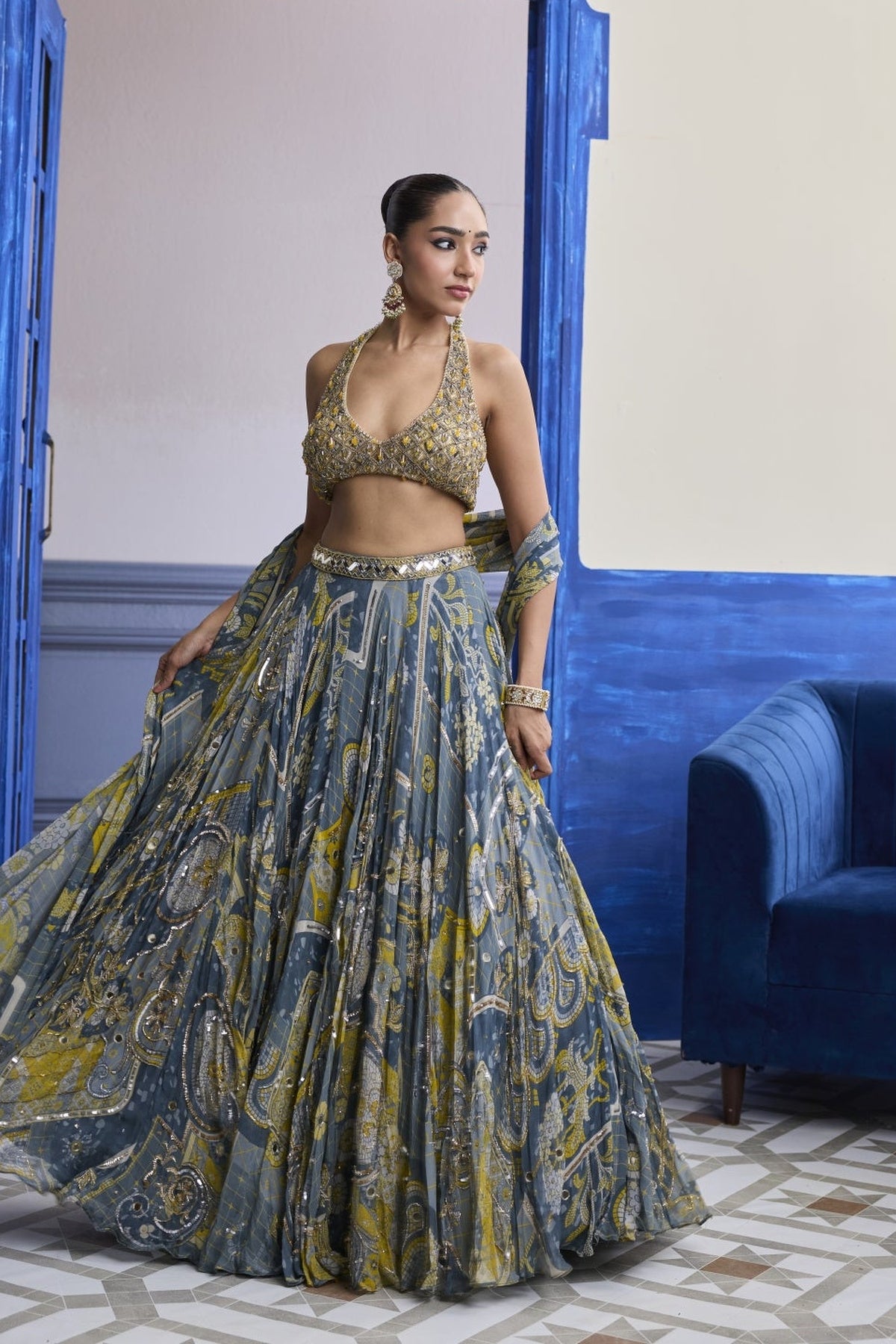 Grey & Yellow Embroidered Blouse With Highlighted Lehenga & Tassel Dupatta Set