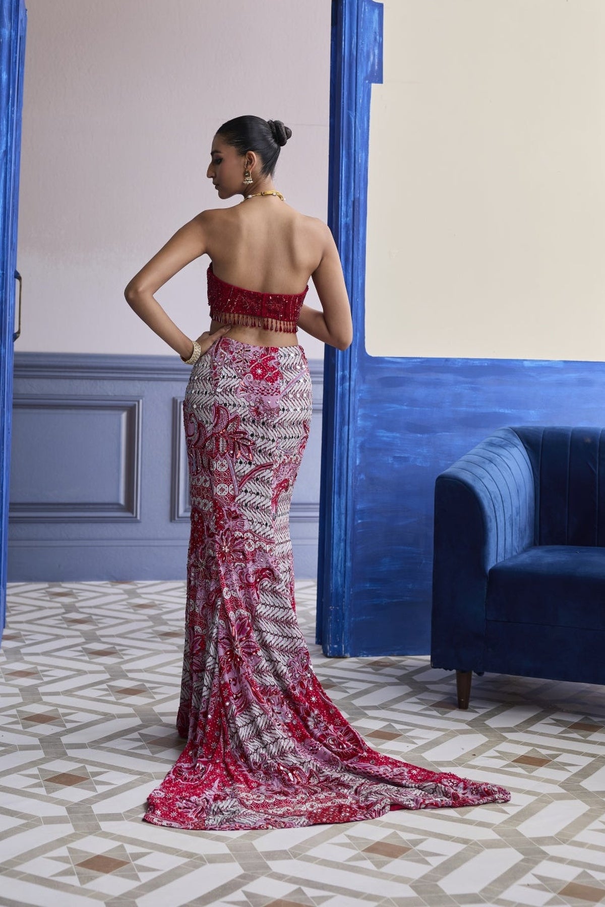 Red Embroidered Blouse With Tassel Cape Jacket & Mermaid Skirt Set