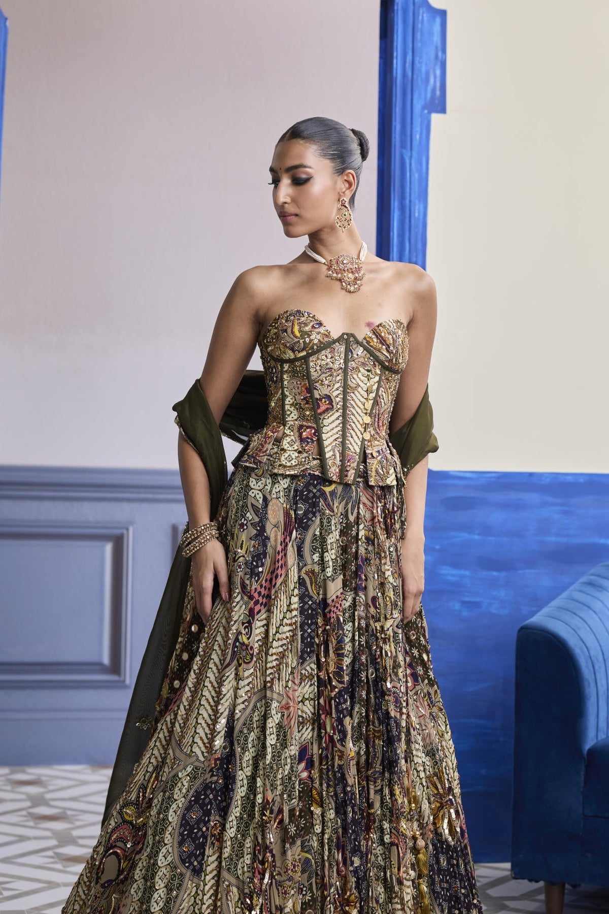 Olive Print Corset With Highlighted Lehenga & Embroidered Dupatta Set
