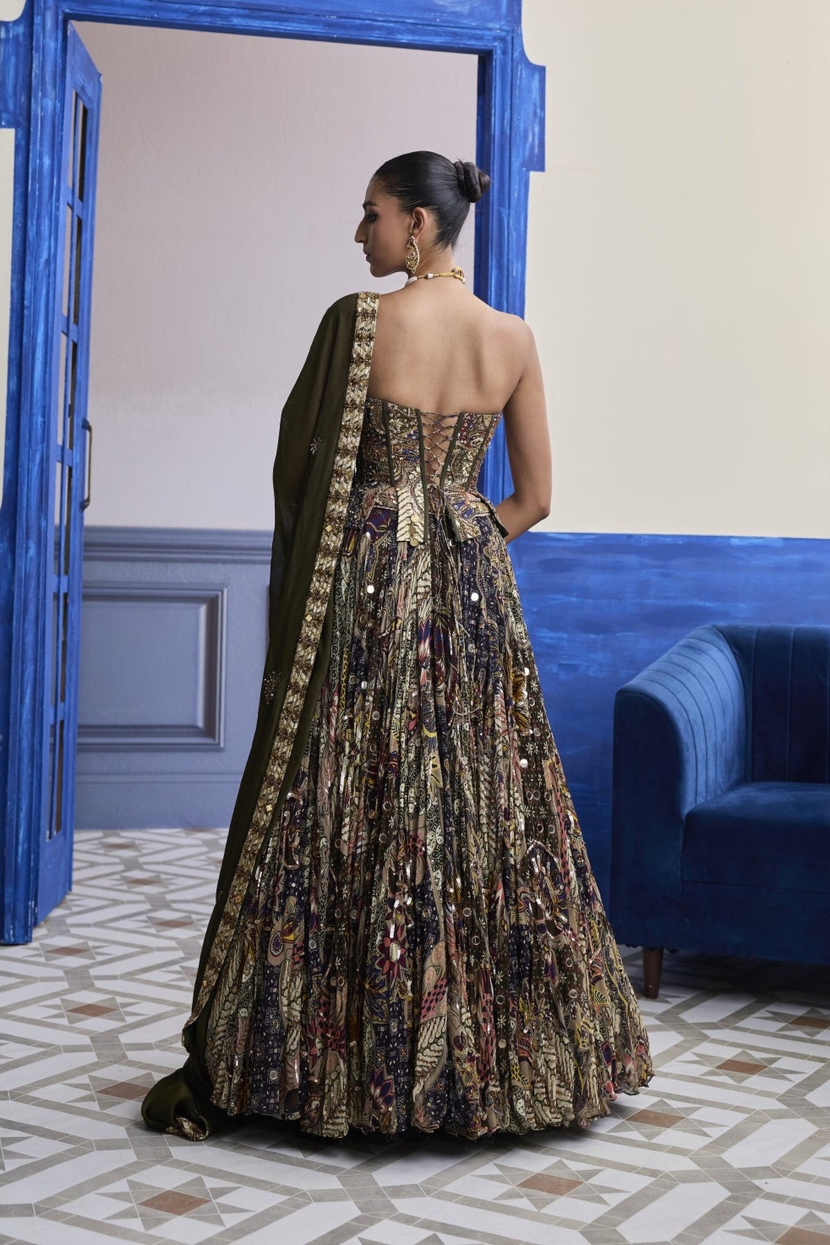 Olive Print Corset With Highlighted Lehenga & Embroidered Dupatta Set