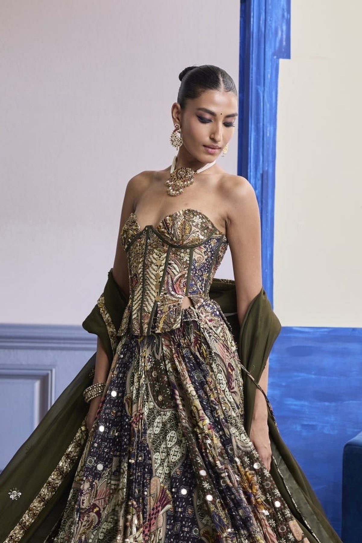 Olive Print Corset With Highlighted Lehenga & Embroidered Dupatta Set