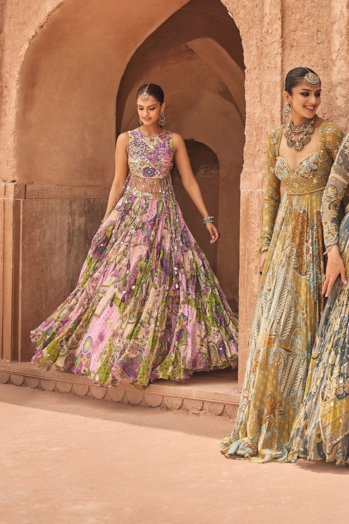 Bubblegum Mosaic Yoke Blouse With Long Tassels & Highlighted Lehenga Set