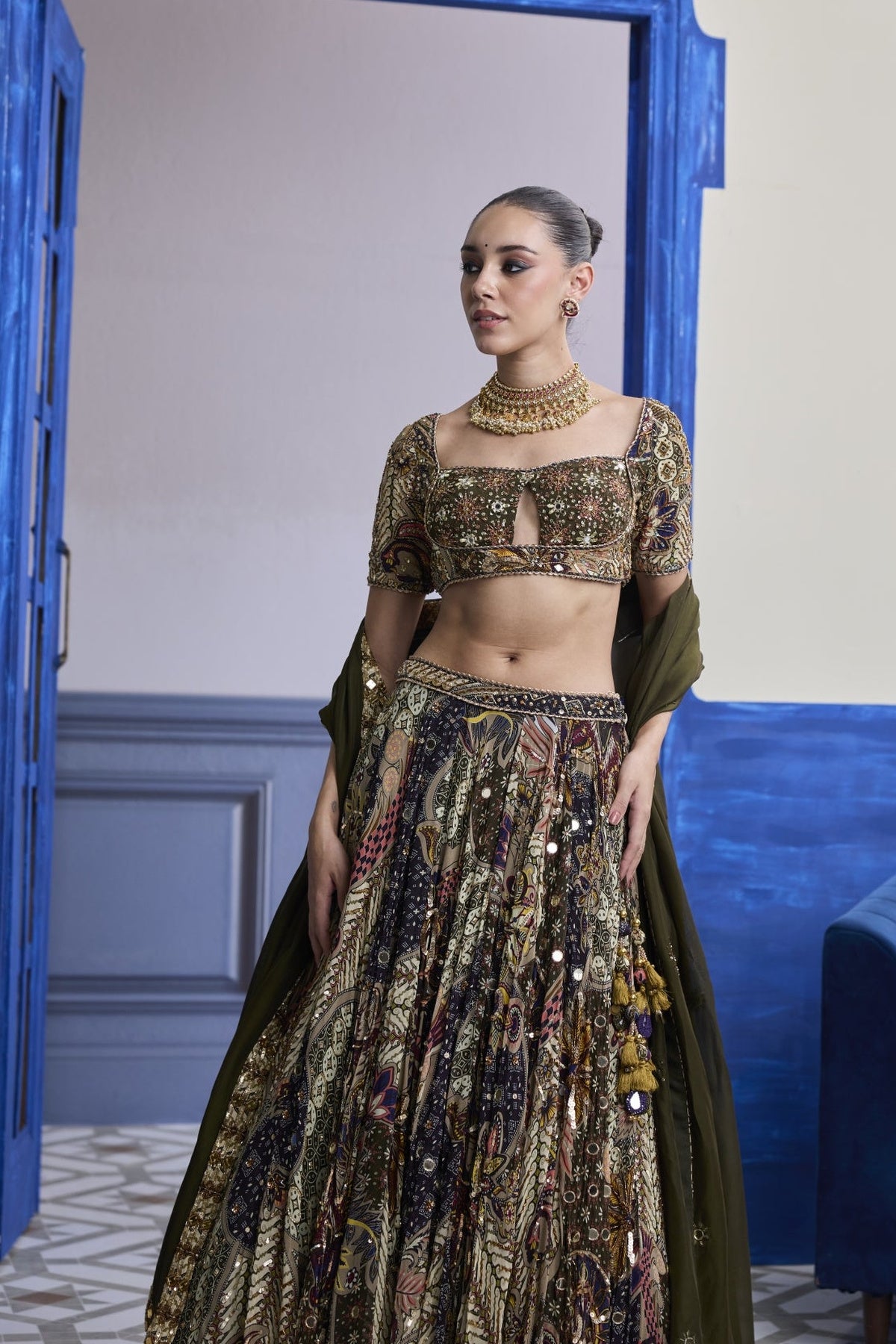 Olive Print Blouse With Highlighted Lehenga & Embroidered Dupatta Set