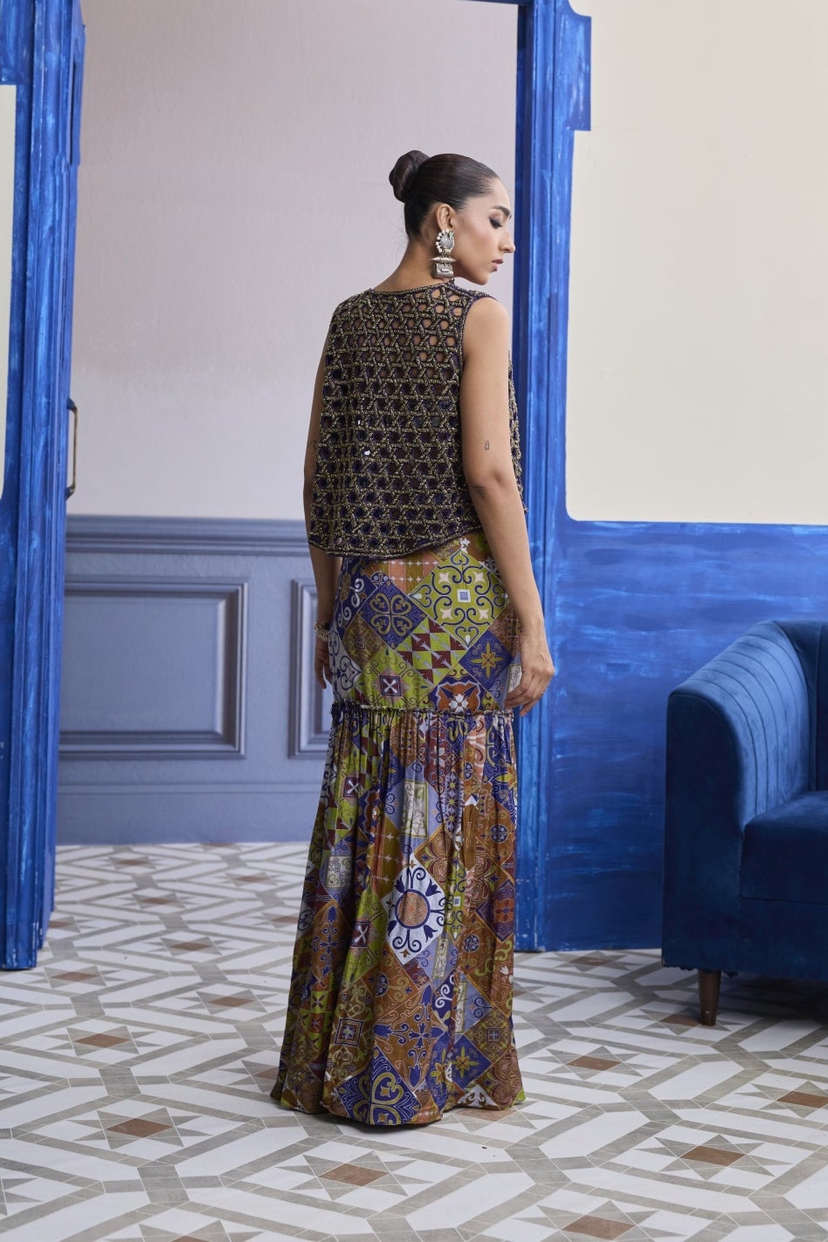 Violet Mosaic Bustier With Cutwork Jacket & Gathered Dhoti Skirt Set
