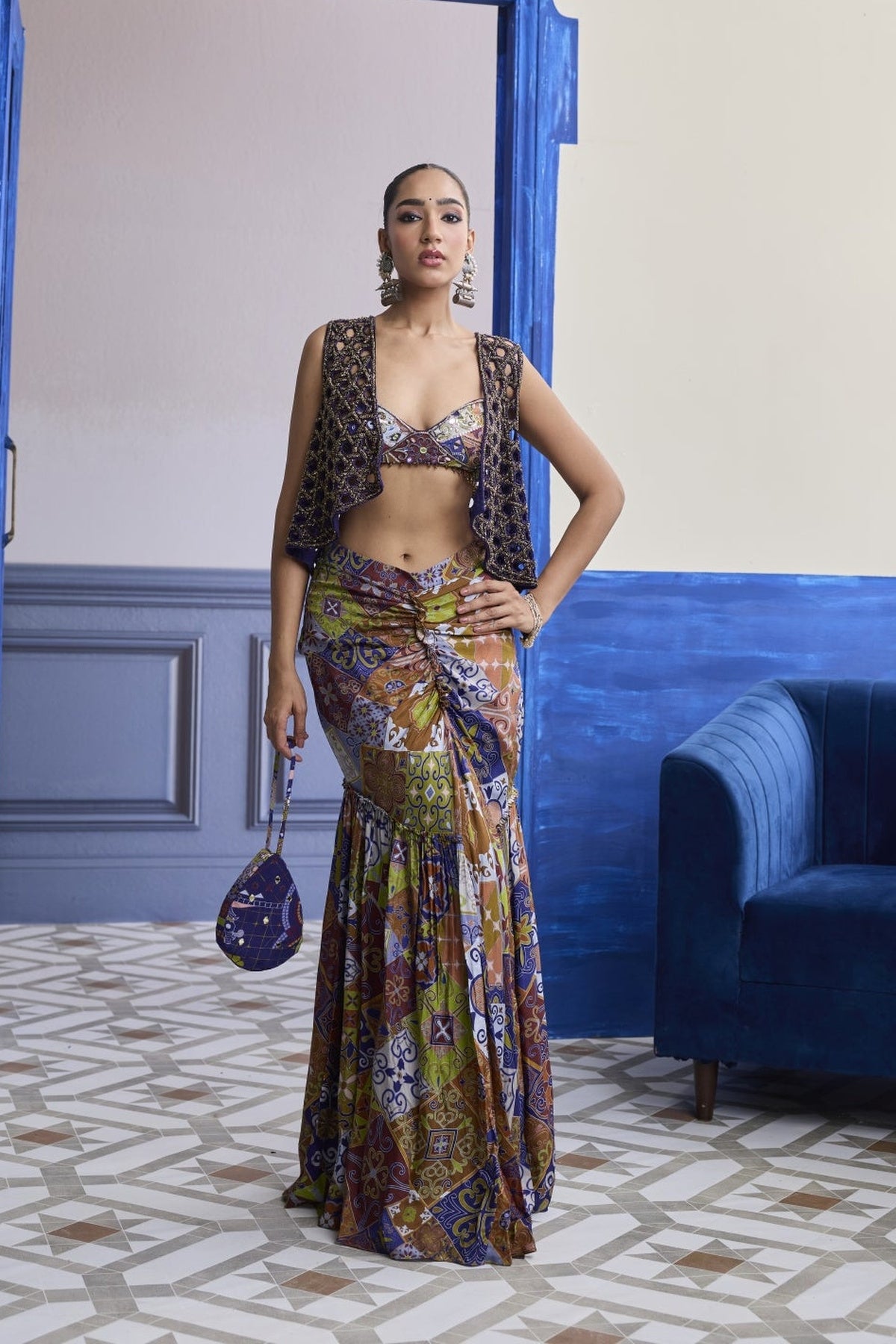 Violet Mosaic Bustier With Cutwork Jacket & Gathered Dhoti Skirt Set