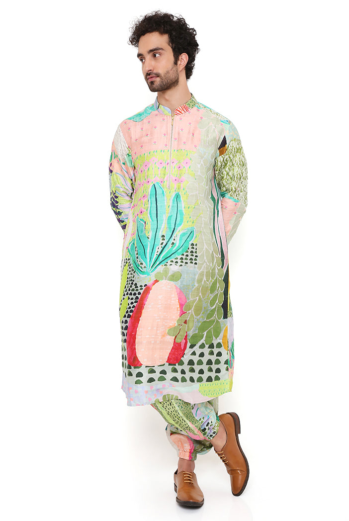 WANDERLUST TROPICAL PRINT DUPION SILK BOMBER KURTA WITH JOGGER PANT