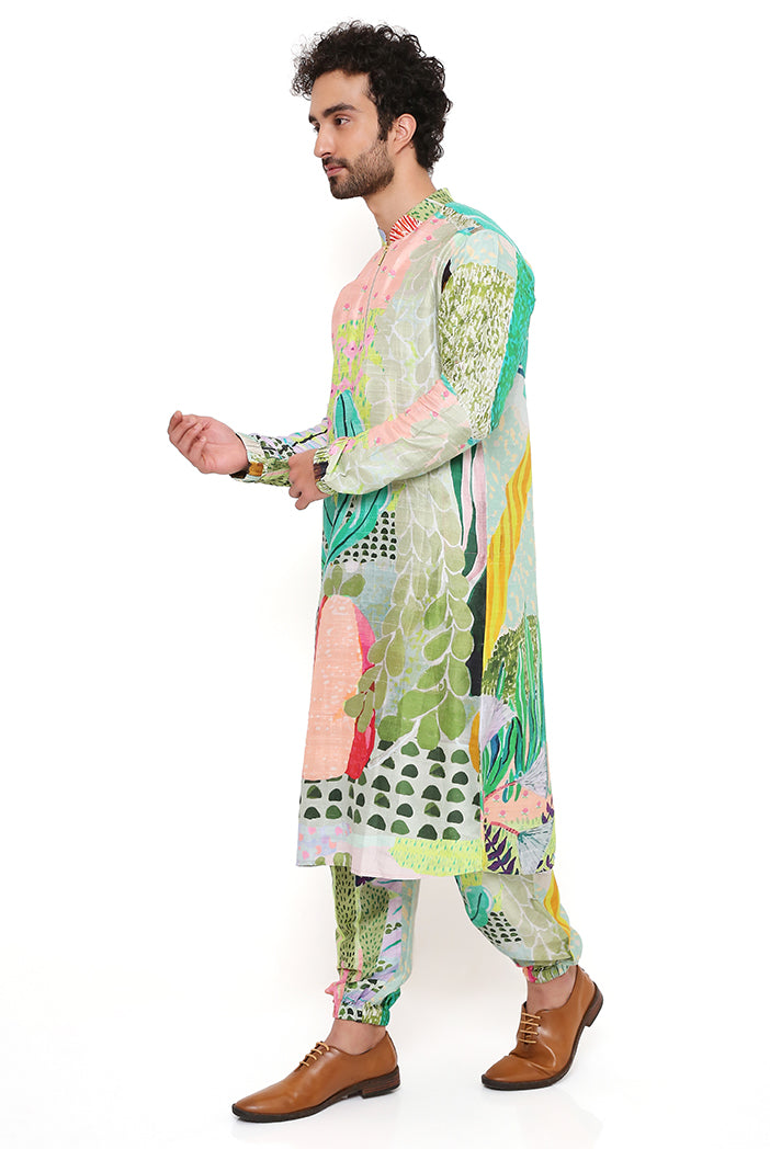 WANDERLUST TROPICAL PRINT DUPION SILK BOMBER KURTA WITH JOGGER PANT