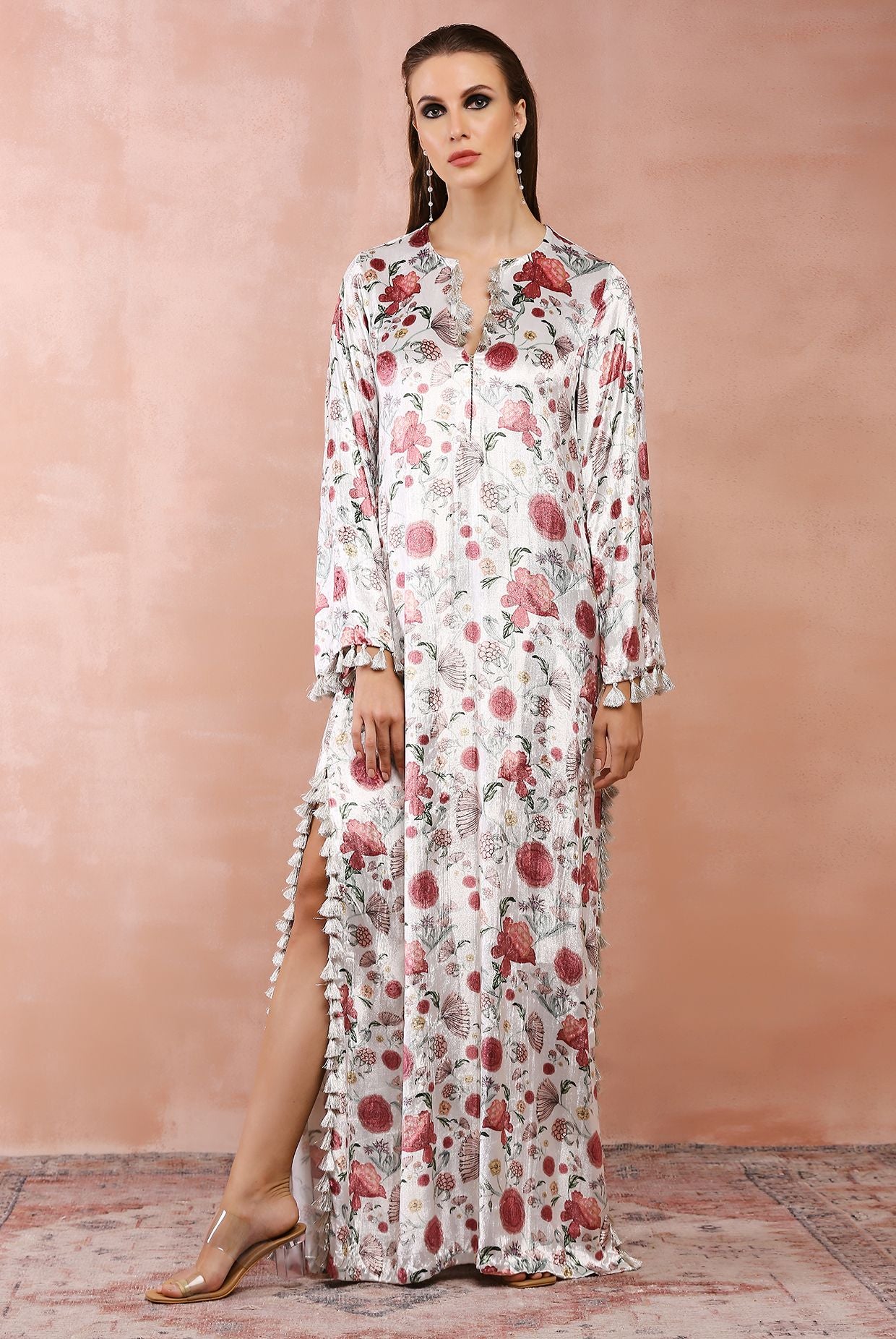 WHITE GULBAGH PRINT VELVET KAFTAN WITH BELT