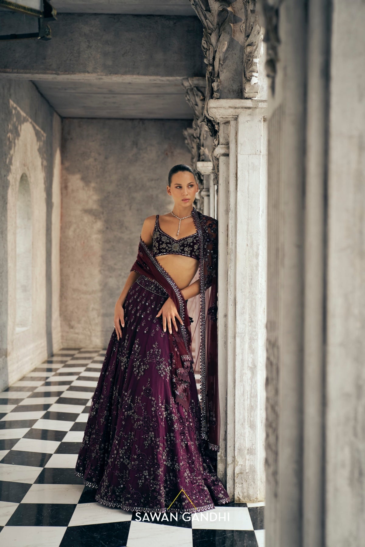 Wine net applique lehenga