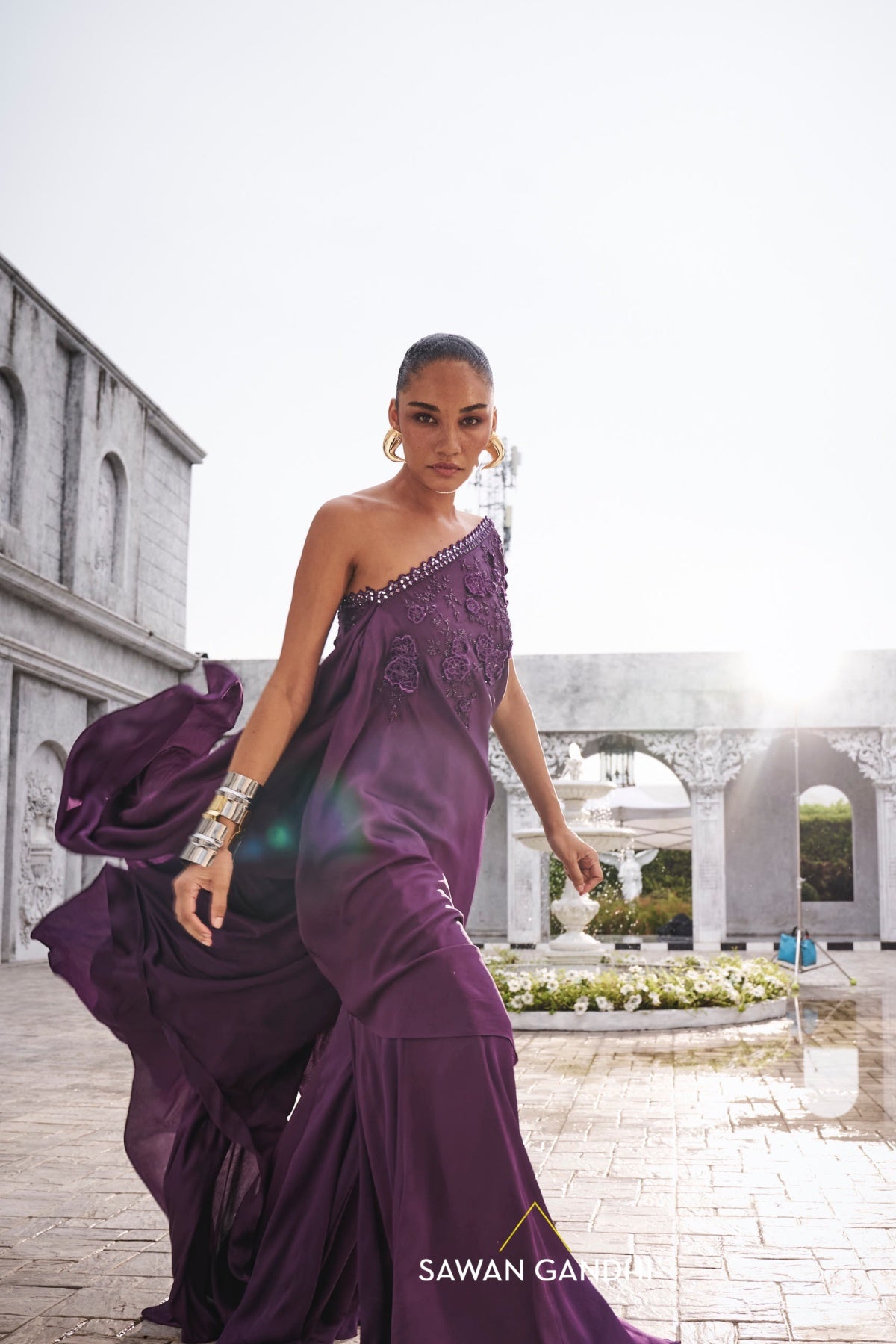 Wine one shoulder cape