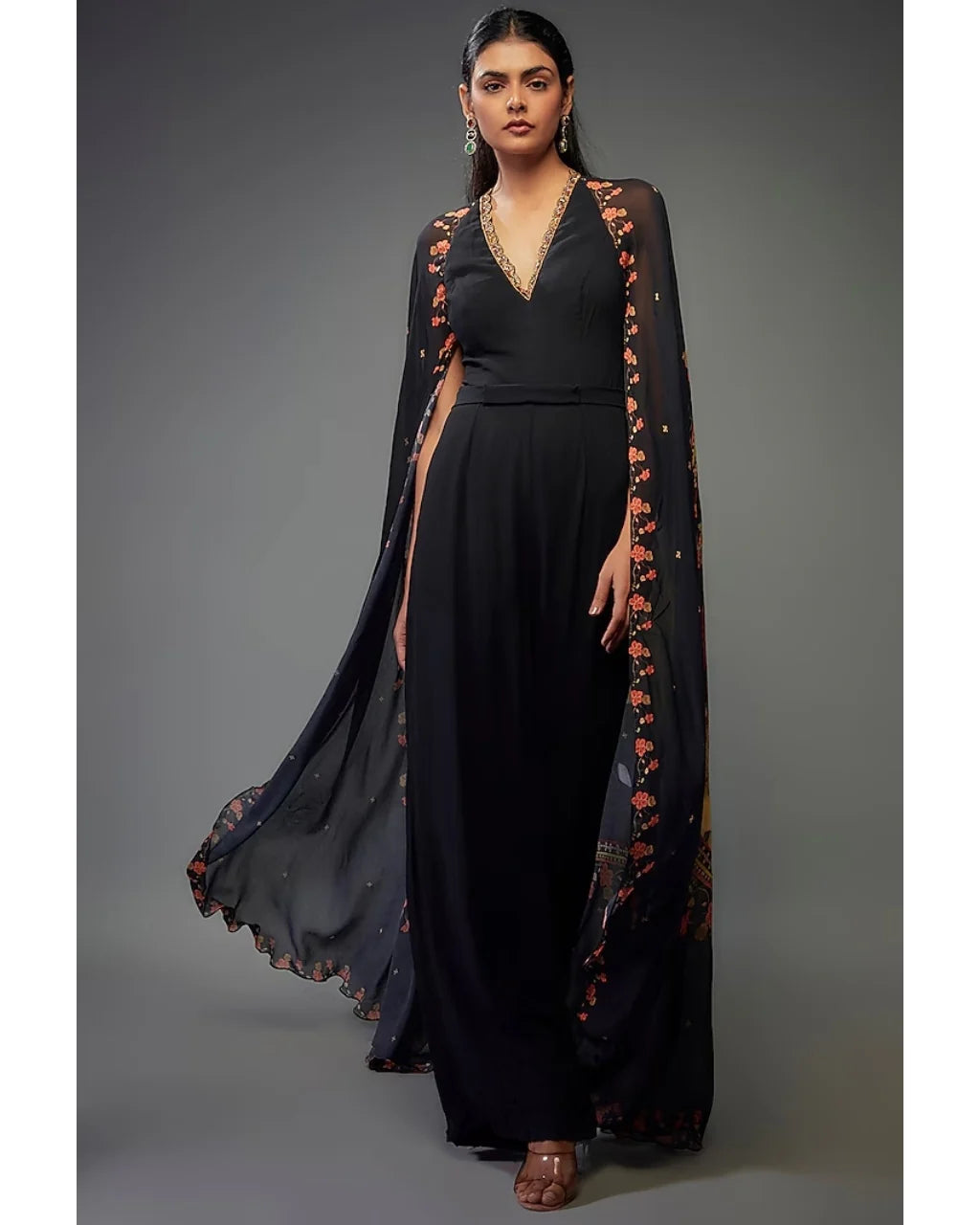 Black Printed Cape Jumpsuit Set