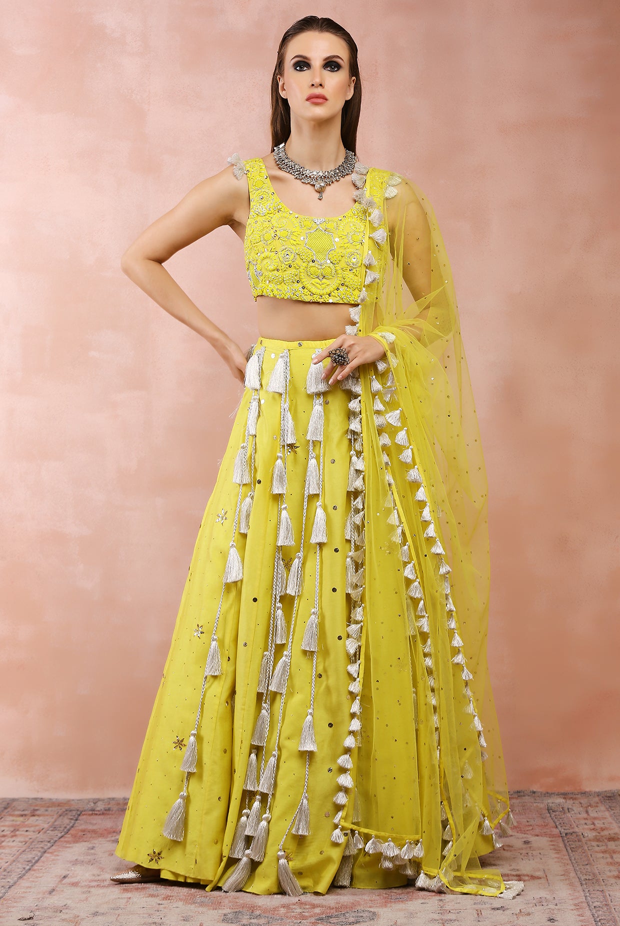 YELLOW EMBROIDERED CHOLI AND LEHENGA WITH DUPATTA