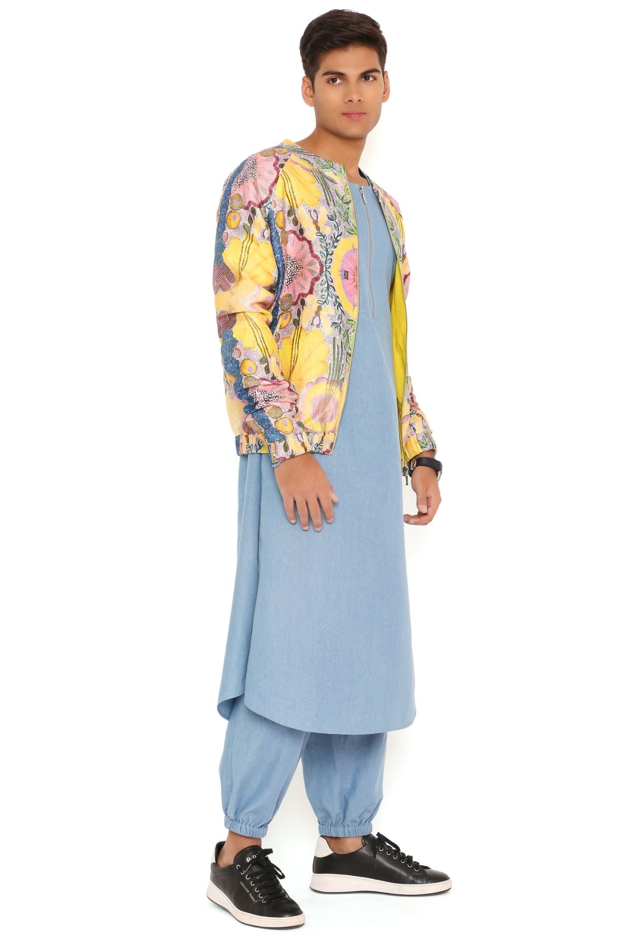 YELLOW ENCHANTED PRINT DUPION SILK BOMBER JACKET WITH BLUE DENIM BOMBER KURTA AND JOGGER PANT