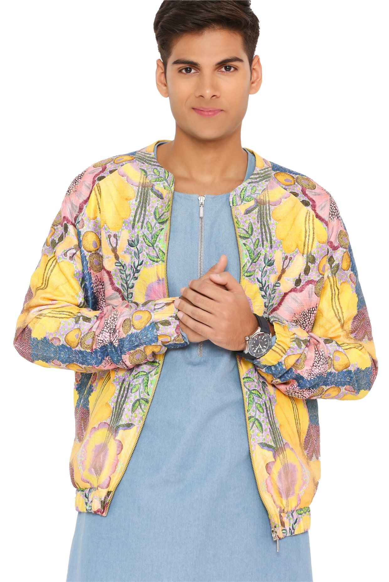 YELLOW ENCHANTED PRINT DUPION SILK BOMBER JACKET WITH BLUE DENIM BOMBER KURTA AND JOGGER PANT