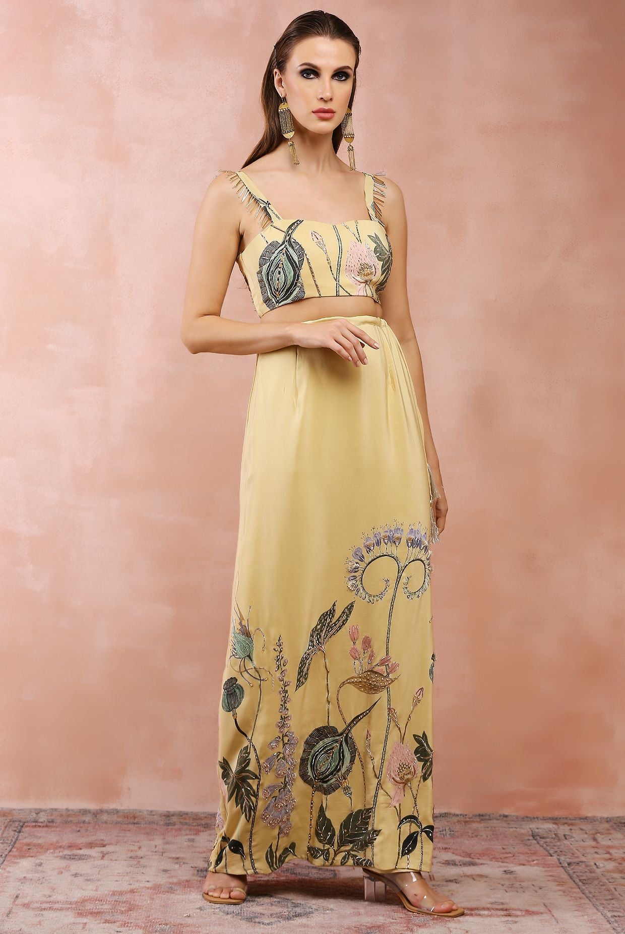 YELLOW NILOUFAR PRINT EMBROIDERED CHOLI WITH SKIRT