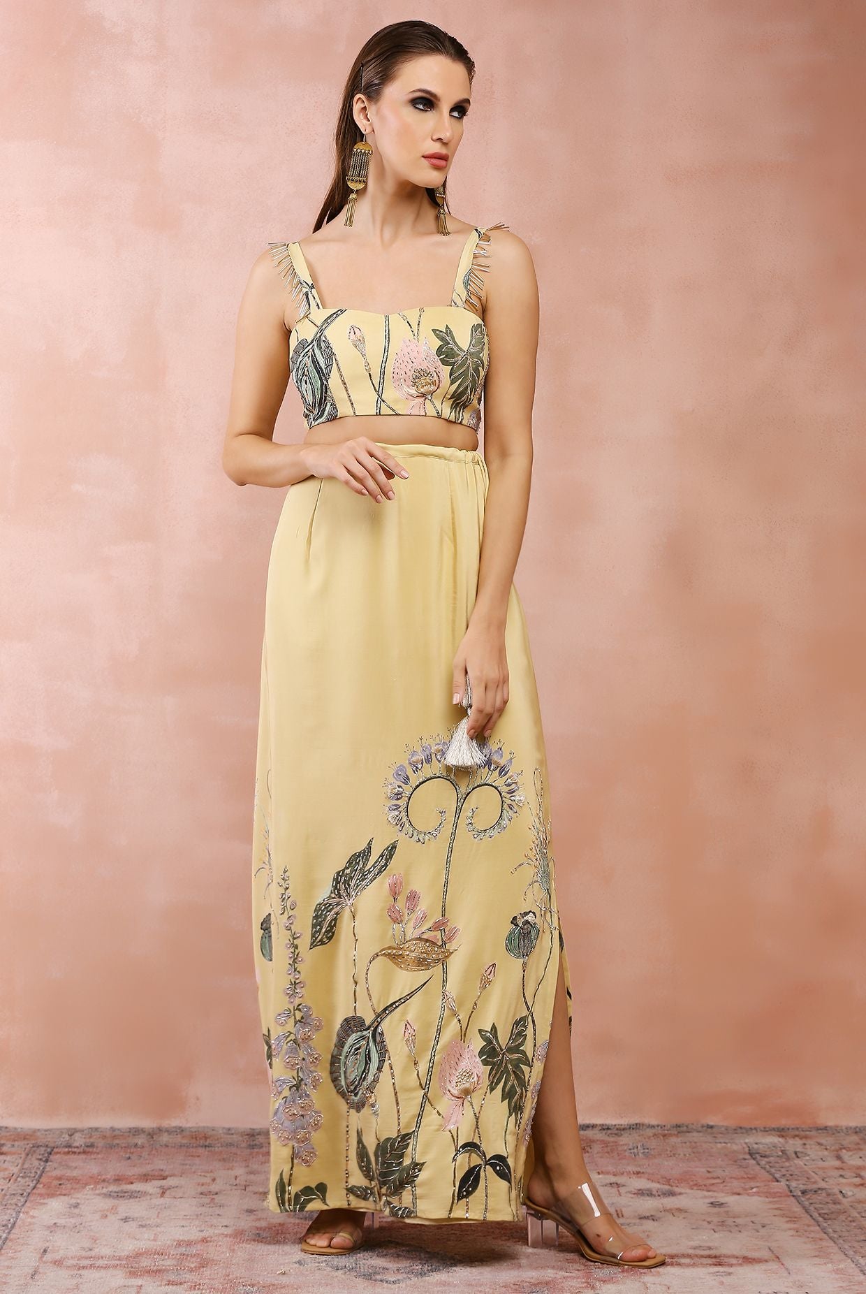 YELLOW NILOUFAR PRINT EMBROIDERED CHOLI WITH SKIRT