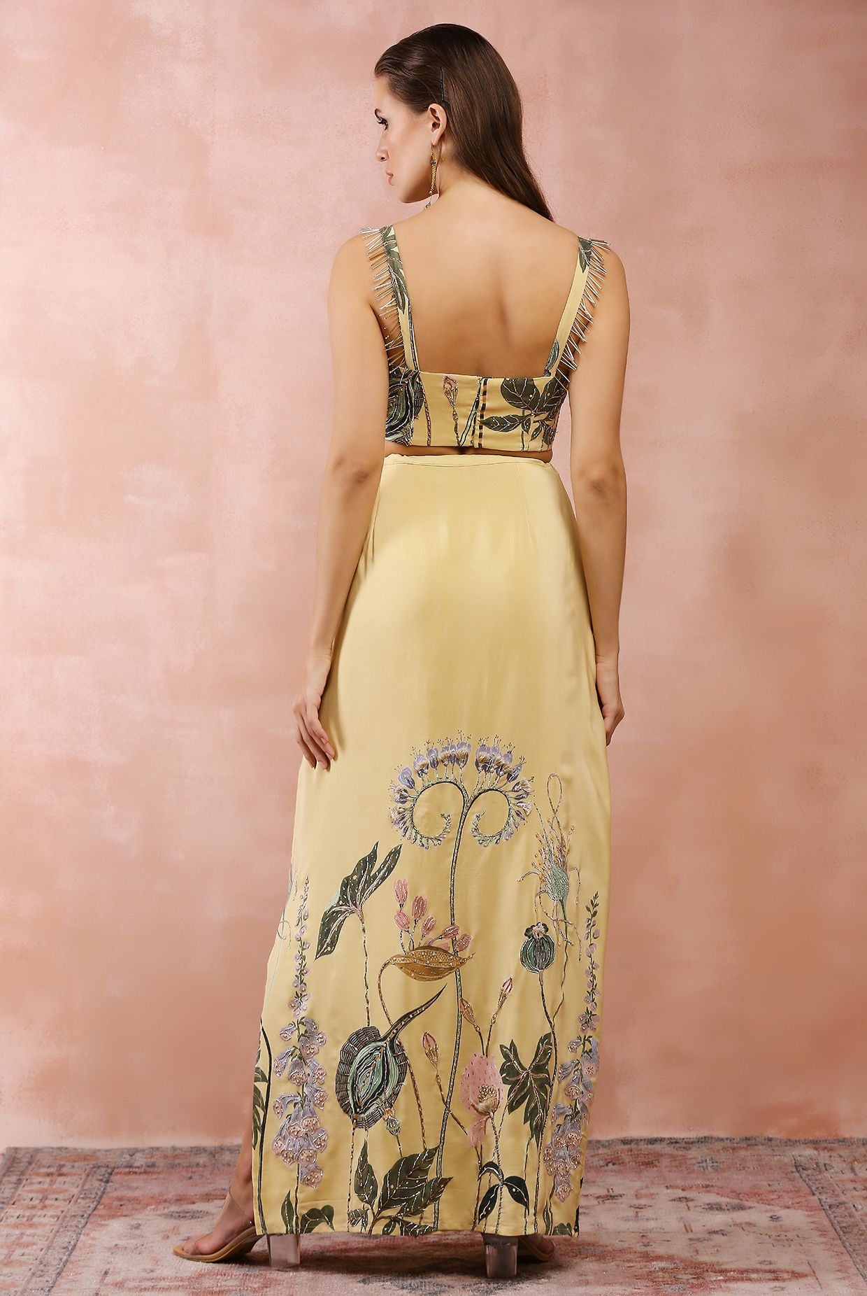YELLOW NILOUFAR PRINT EMBROIDERED CHOLI WITH SKIRT