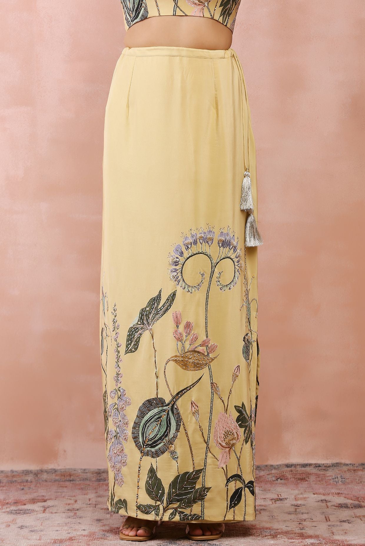 YELLOW NILOUFAR PRINT EMBROIDERED CHOLI WITH SKIRT