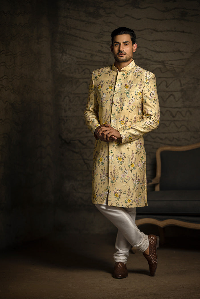 YELLOW PRINTED DUPION SILK SHERWANI WITH OFF WHITE COTTON SILK CHURIDAR