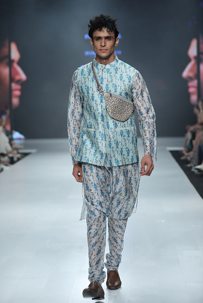 ZAFFAR BLUE PRINTED SILKMUL BANDI WITH WHITE PRINTED SILKMUL KURTA AND CHURIDAR