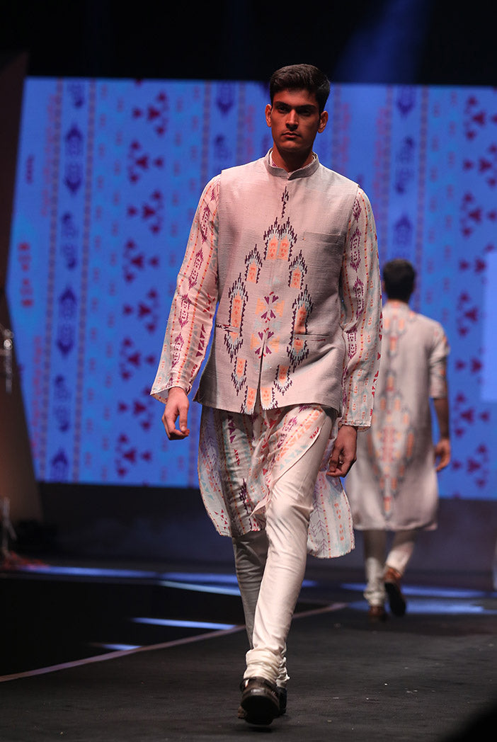 ZAHEER CREAM PRINTED SILKMUL KURTA WITH GREY PRINTED DUPION SILK BANDI AND OFF-WHITE COTTON SILK CHURIDAR