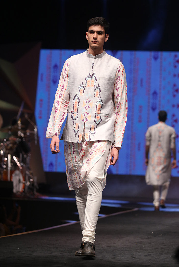 ZAHEER CREAM PRINTED SILKMUL KURTA WITH GREY PRINTED DUPION SILK BANDI AND OFF-WHITE COTTON SILK CHURIDAR