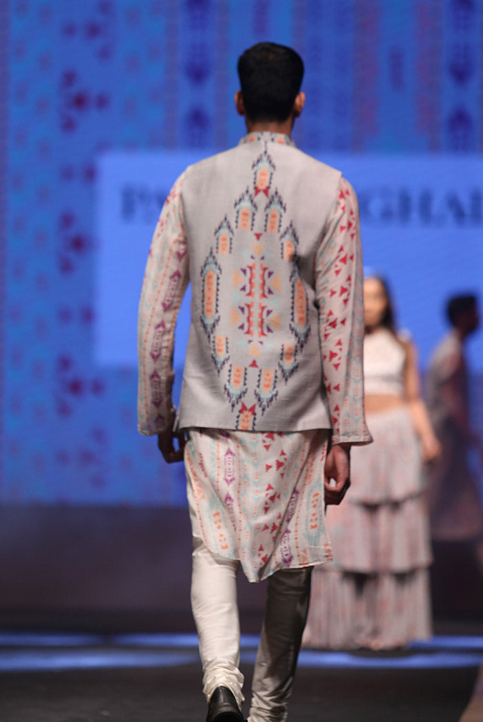 ZAHEER CREAM PRINTED SILKMUL KURTA WITH GREY PRINTED DUPION SILK BANDI AND OFF-WHITE COTTON SILK CHURIDAR