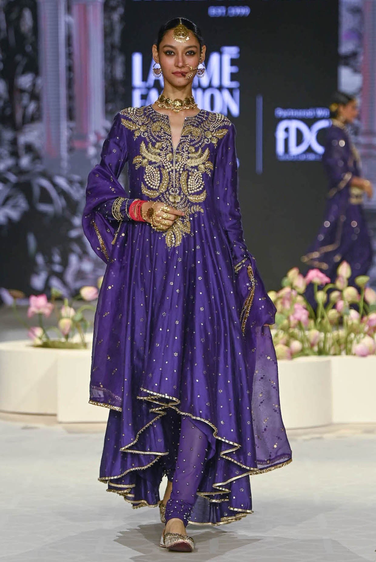 fitted lace wedding dress Zinat Purple Embroidered High Low Anarkali And Churidar With Dupatta