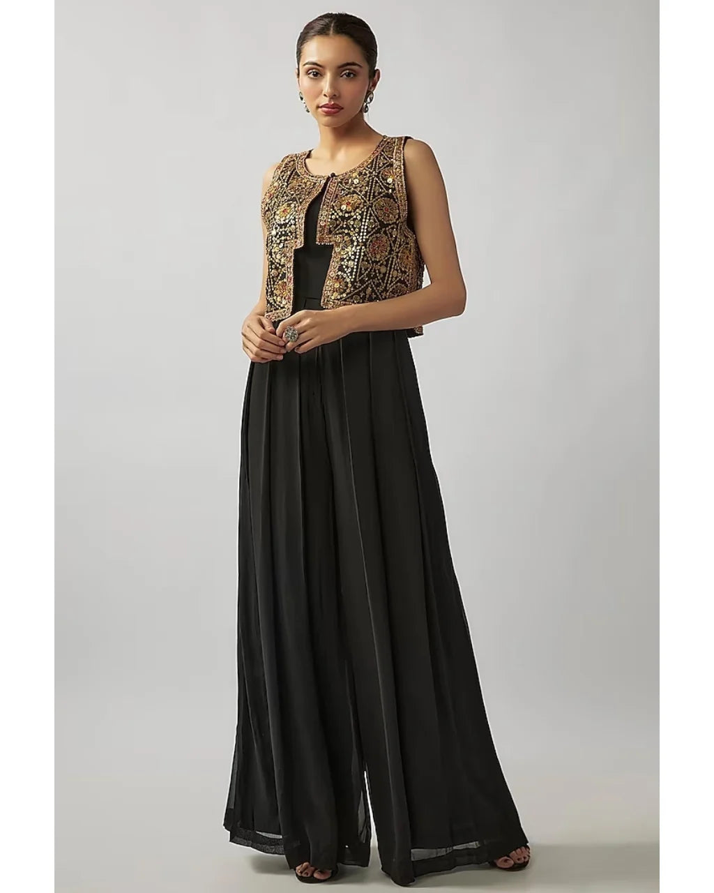 Black Pleated Jumpsuit With Short Jacket