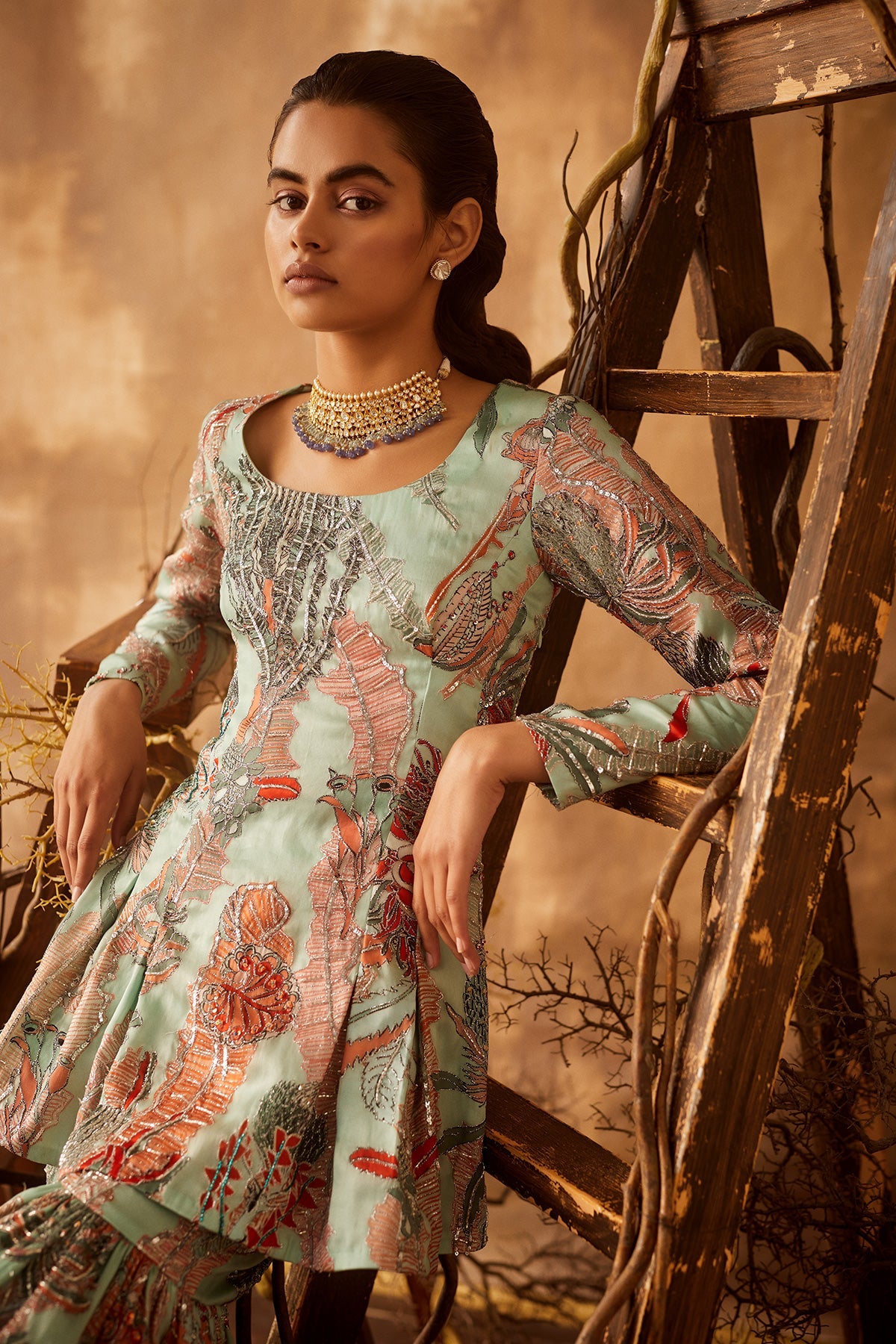 LOBELIA - Powder Blue Pastiche Organza Printed And Embellished Sharara Set With Dupatta